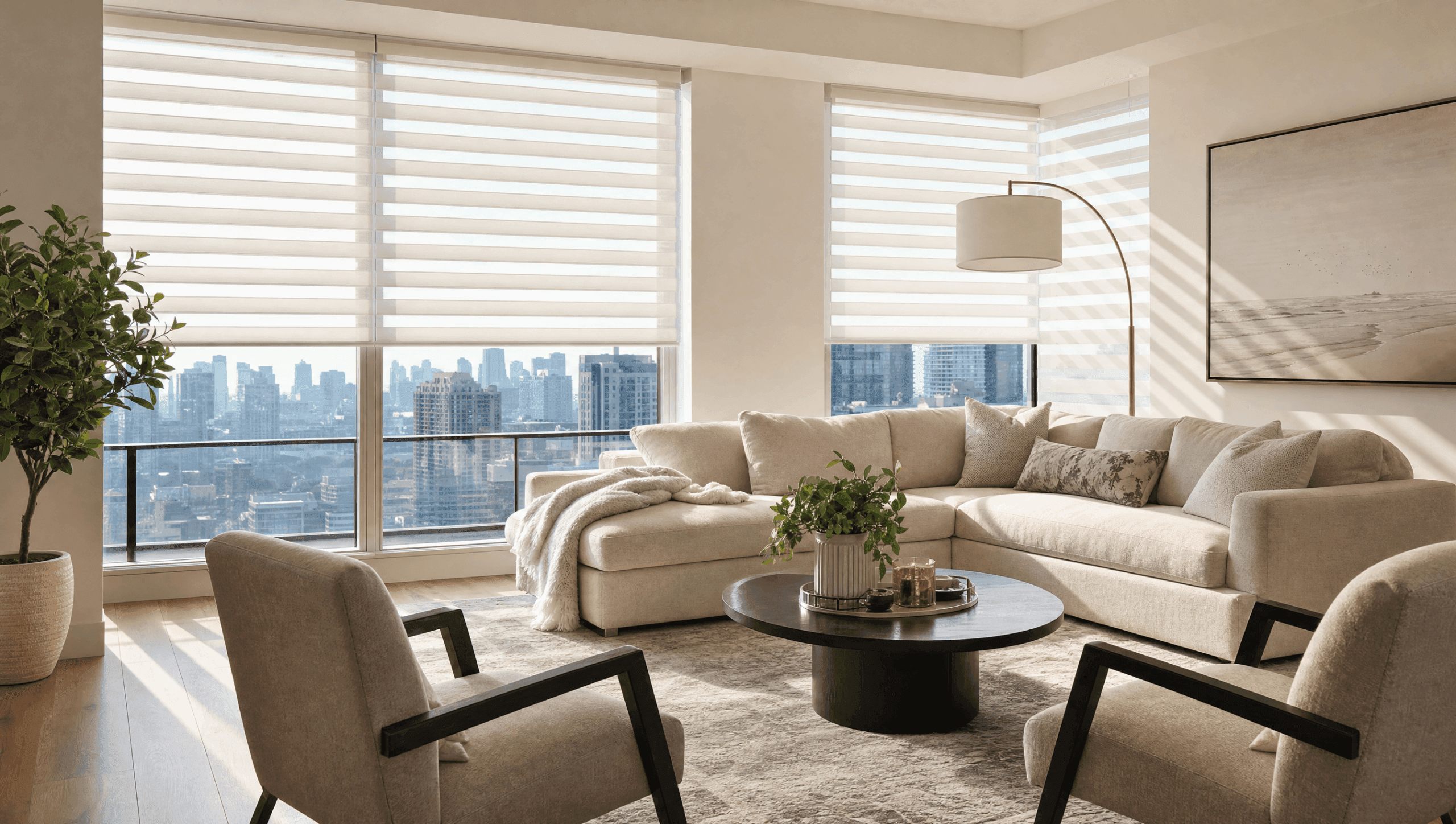 Ivory sheer horizontal shades filtering soft daylight in a bright modern Toronto living room