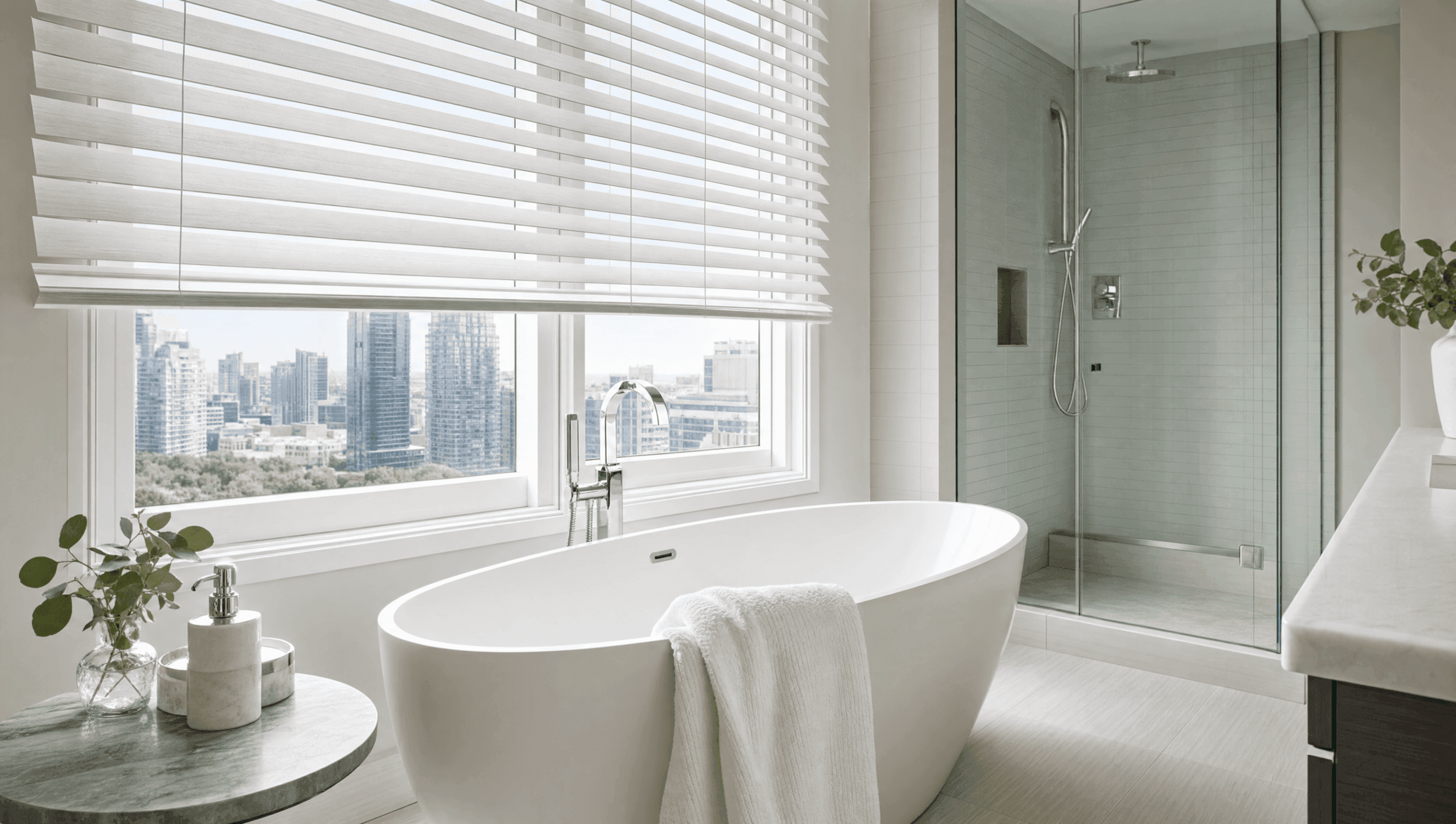 White faux wood blinds on a bathroom window beside a freestanding tub in a modern Toronto home