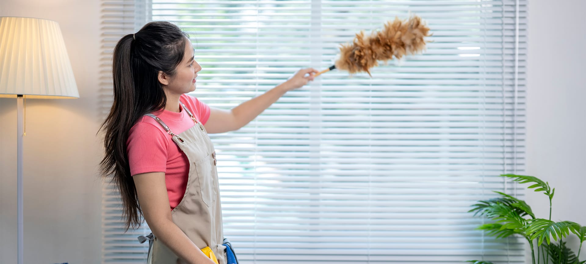 girl cleaning the blinds