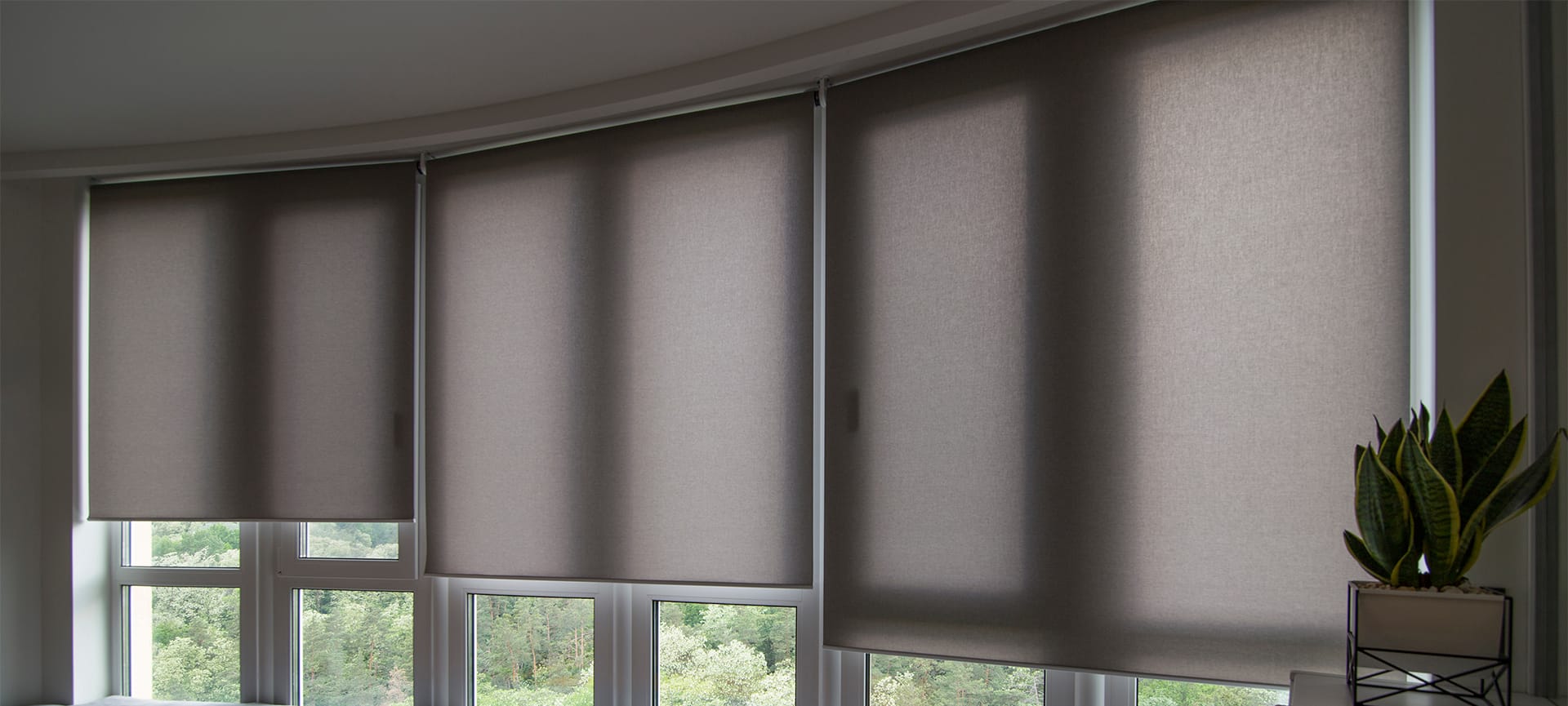 automatic roller blinds beige color on big glass windows