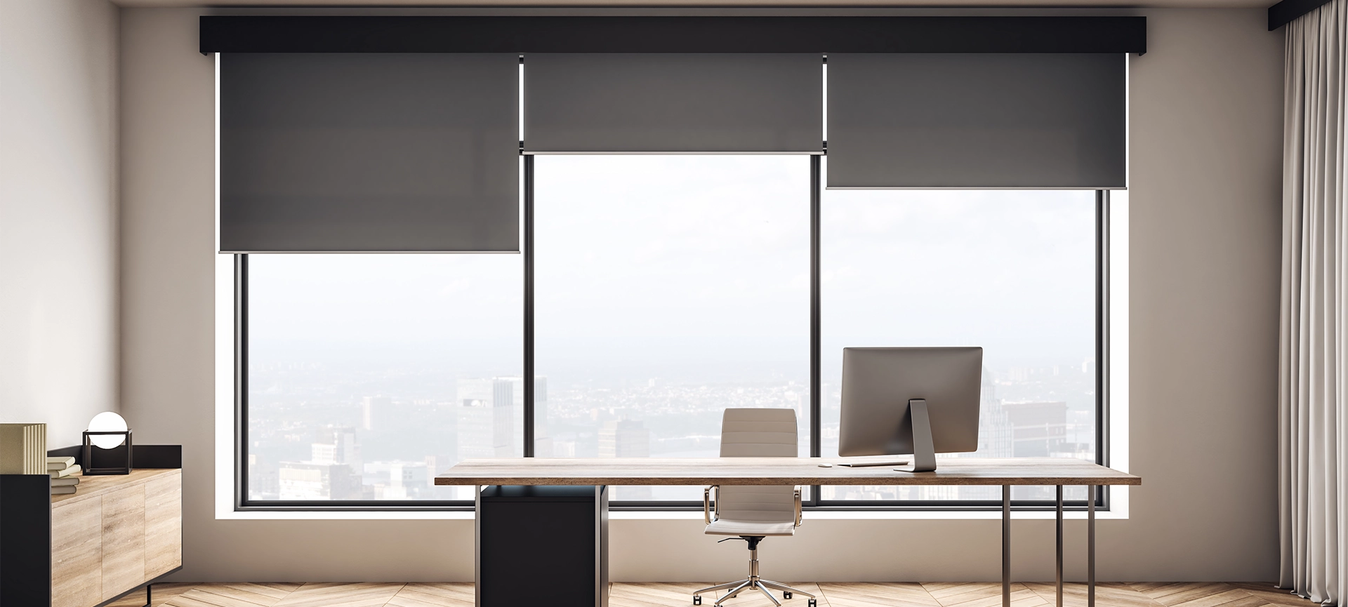 Modern wooden office interior with furniture and city view. 3D Rendering