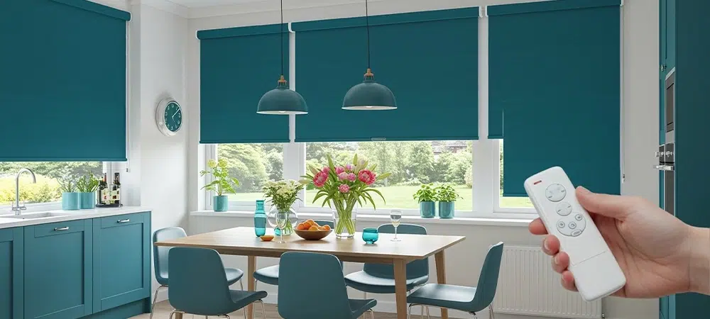 A brightly lit kitchen-dining area featuring deep blue or teal motorized blinds on wide windows. A hand is shown adjusting the blinds with a remote. The room is styled with fresh flowers and modern tableware.