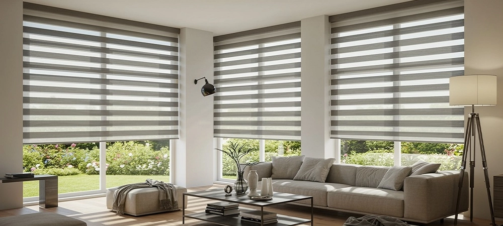 Zebra blinds on large living room windows