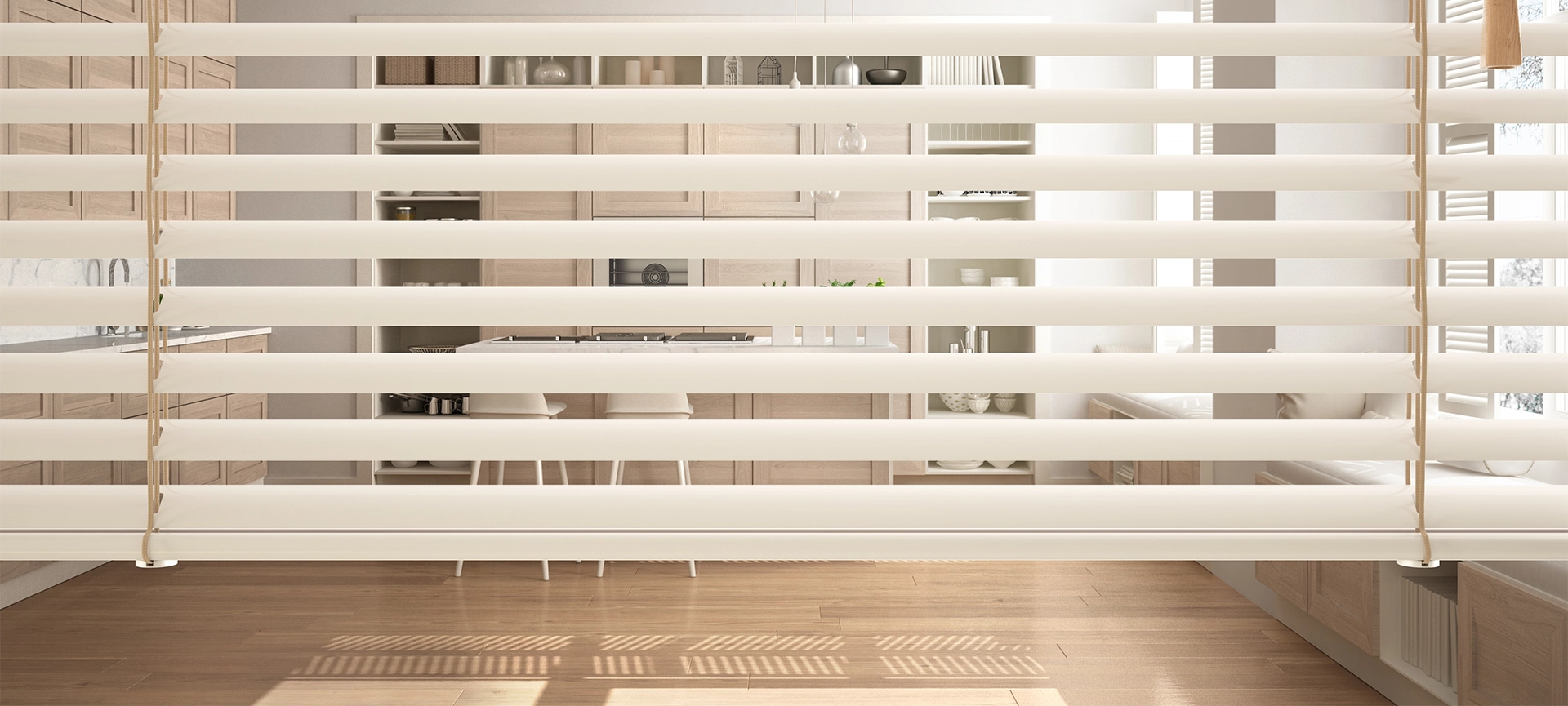 White venetian blinds close up view, over modern wooden kitchen with cabinets and island with stools, windows with benches interior design, privacy concept