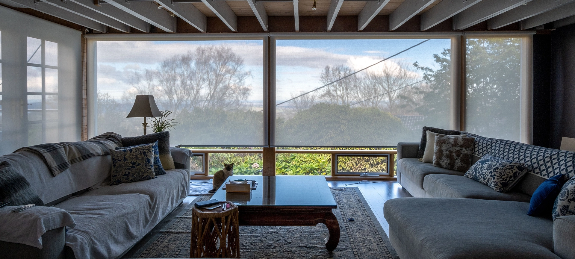 A pleasant interior view with couches, automated roller blinds, and a view of the nature