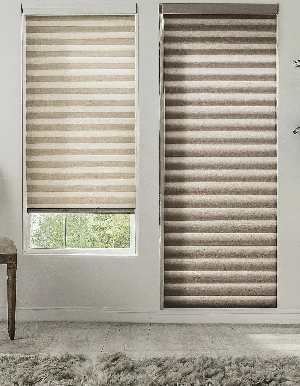 honeycomb shades, roller shades, zebra shades, shangri-la shades, venetian blinds, white or light-colored background, spring sale theme, cut-out montage style, appealing display