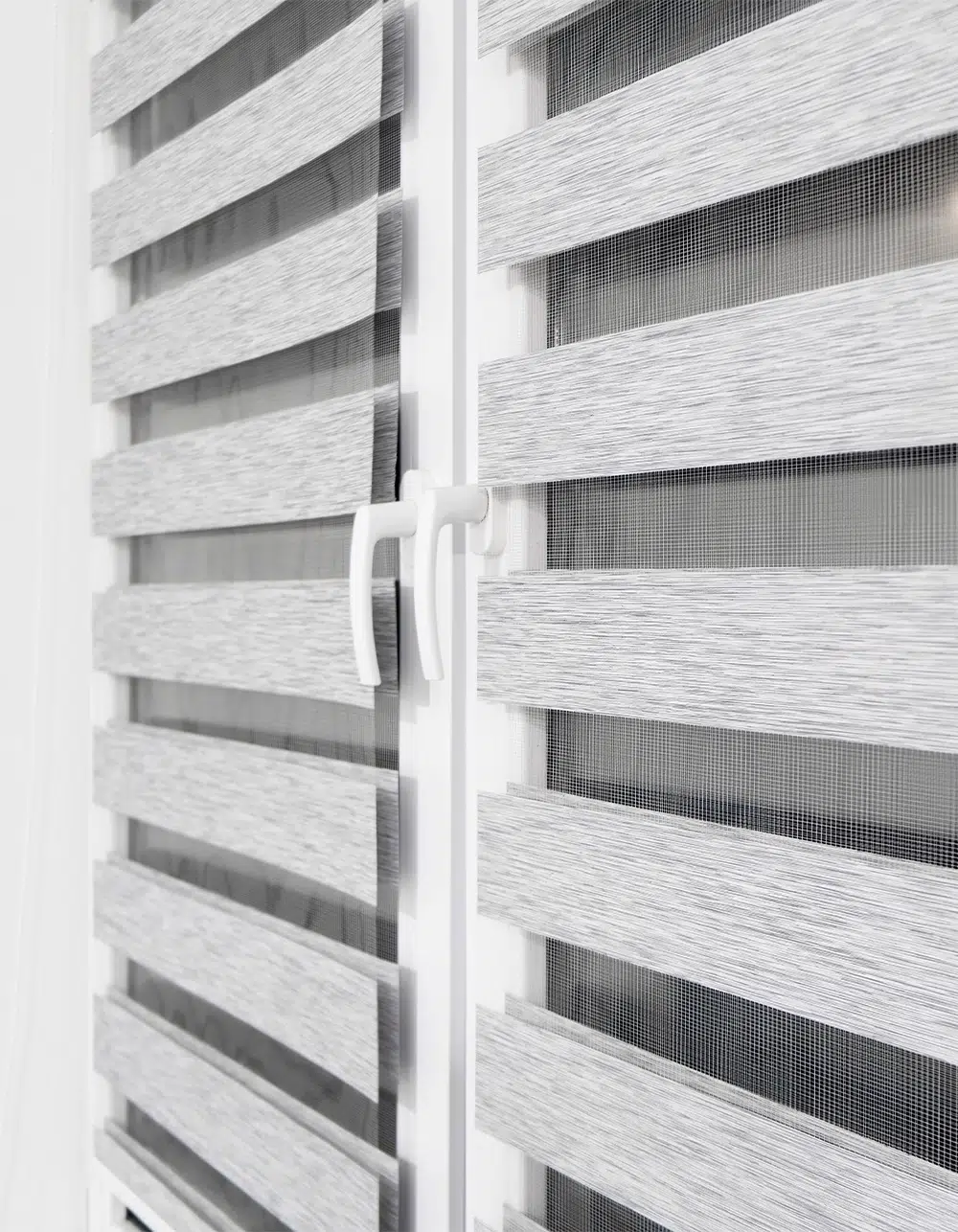 Roller window blinds and curtains, roll jalousie. Plastic or aluminum shutter, closed and open louvers front view. Home facade venetian blinds roll jalousie