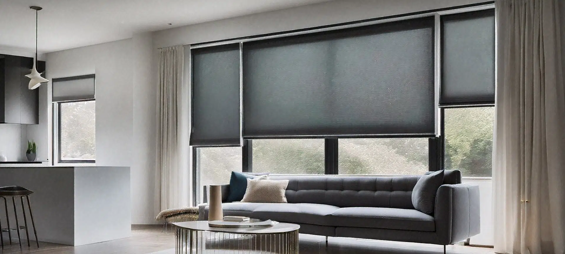 Indoor photo of modern interior house with large and bright window, with furniture. roller blind.
