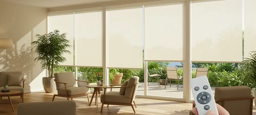 A sunlit indoor garden room with light beige or white electric roller blinds partially drawn, controlled by a simple handheld remote.