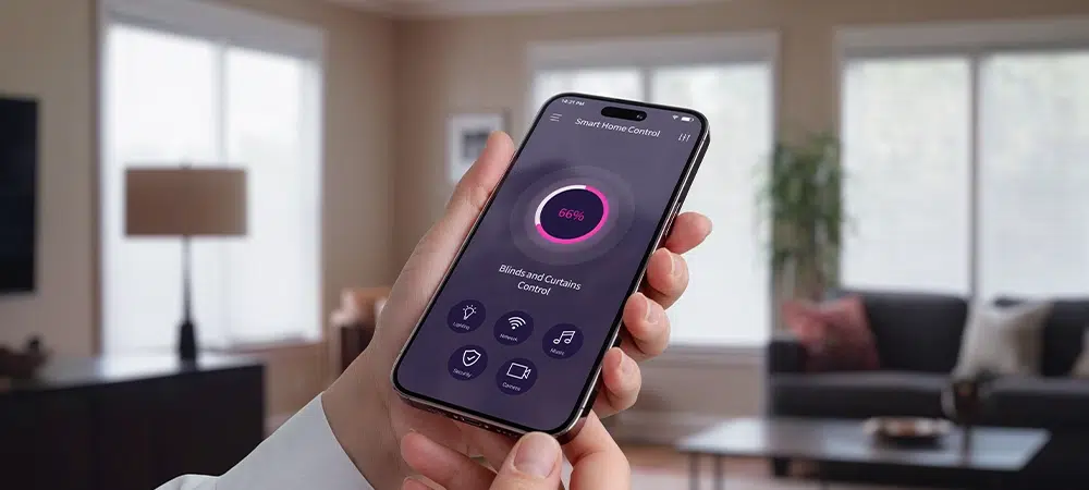 Controlling blinds and curtains in the living room using a mobile app. Woman's hand with smartphone, modern home automation for light control and privacy