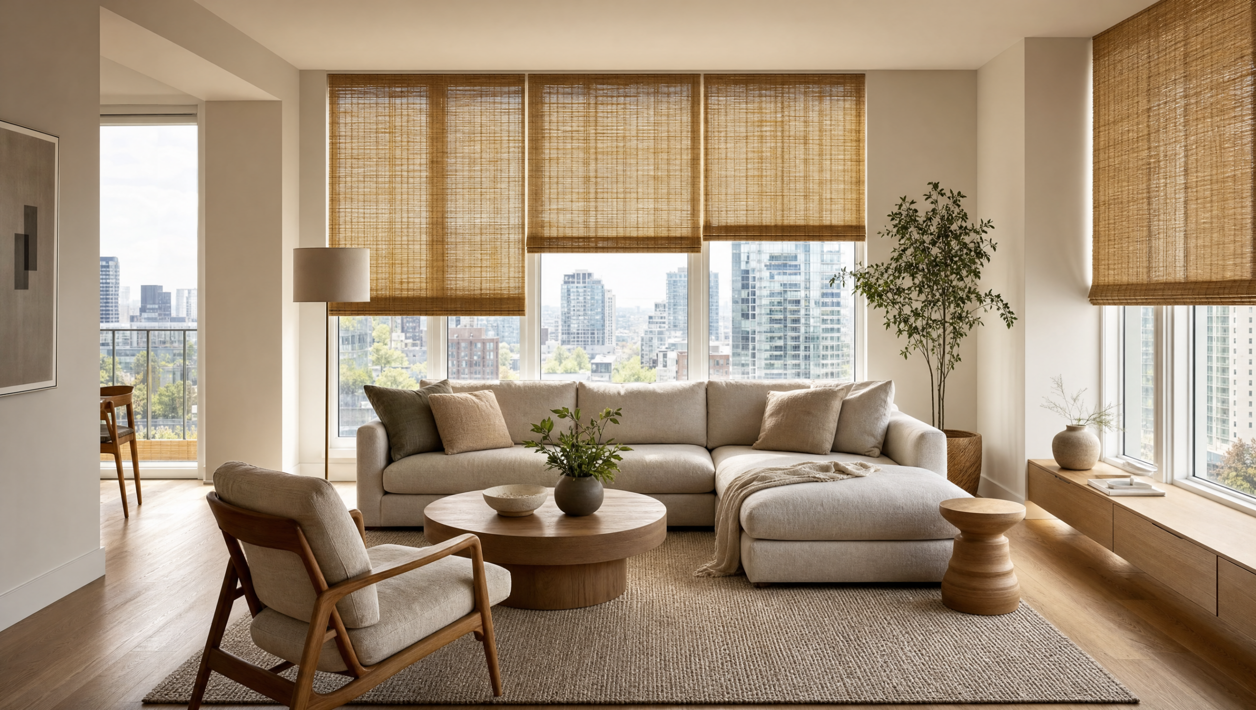 Bamboo woven wood Roman shades on large windows in a bright Toronto living room