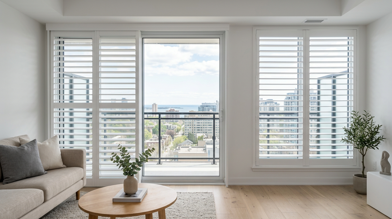 White California shutters covering a patio sliding door and window in a bright Toronto condo