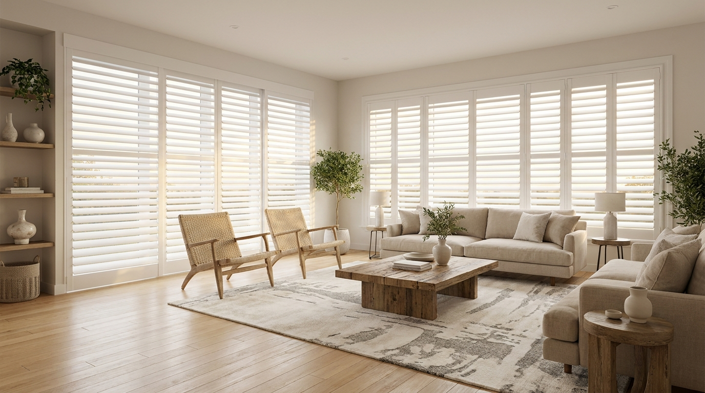 White California shutters on large windows in a sunlit modern Toronto living room