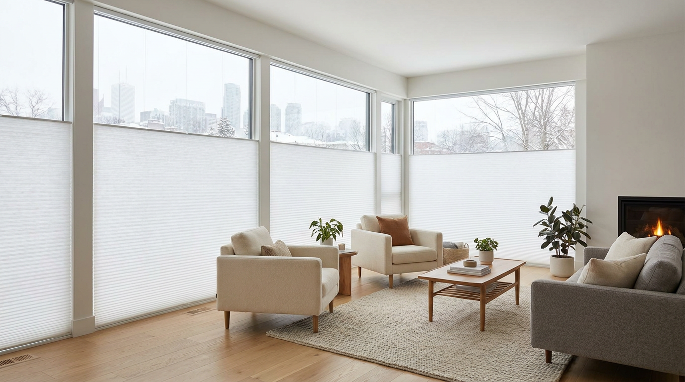 White cellular honeycomb shades on large living-room windows in a Toronto home in winter
