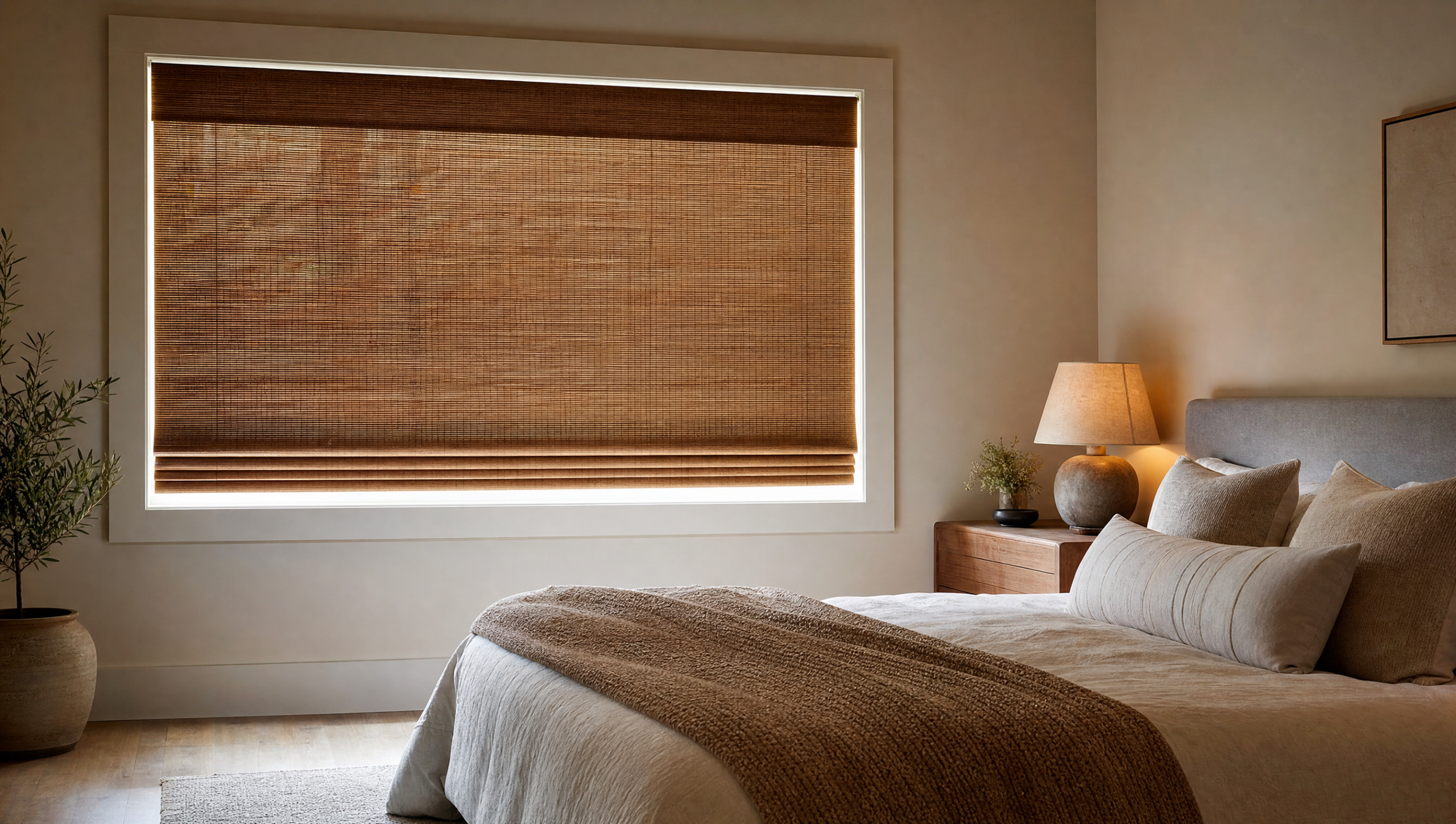 Cordless bamboo woven wood shades with a privacy liner in a calm modern bedroom