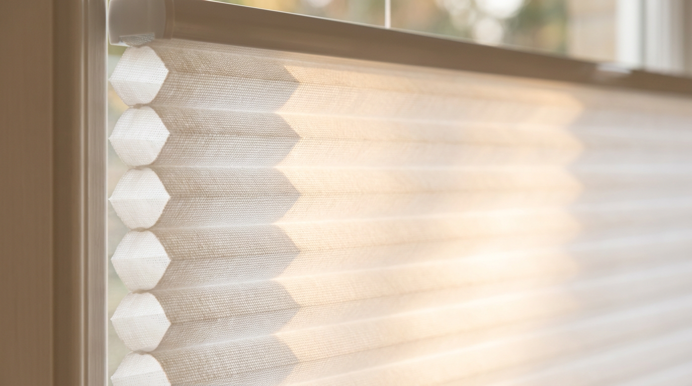 Close-up of white double-cell honeycomb cellular shade fabric showing the air-pocket pleats
