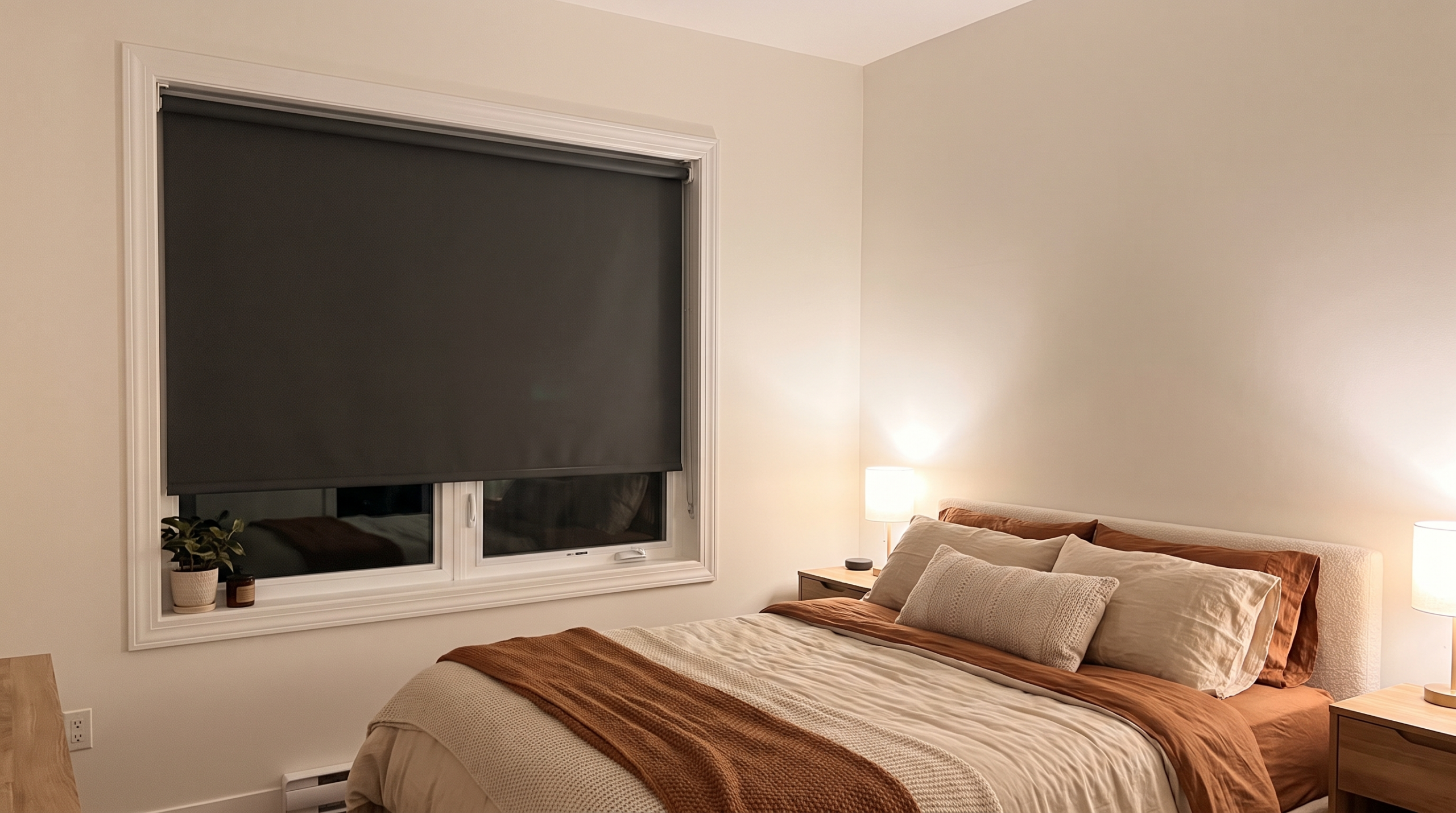 Rental bedroom with a cordless blackout no-drill roller shade on a white vinyl window frame