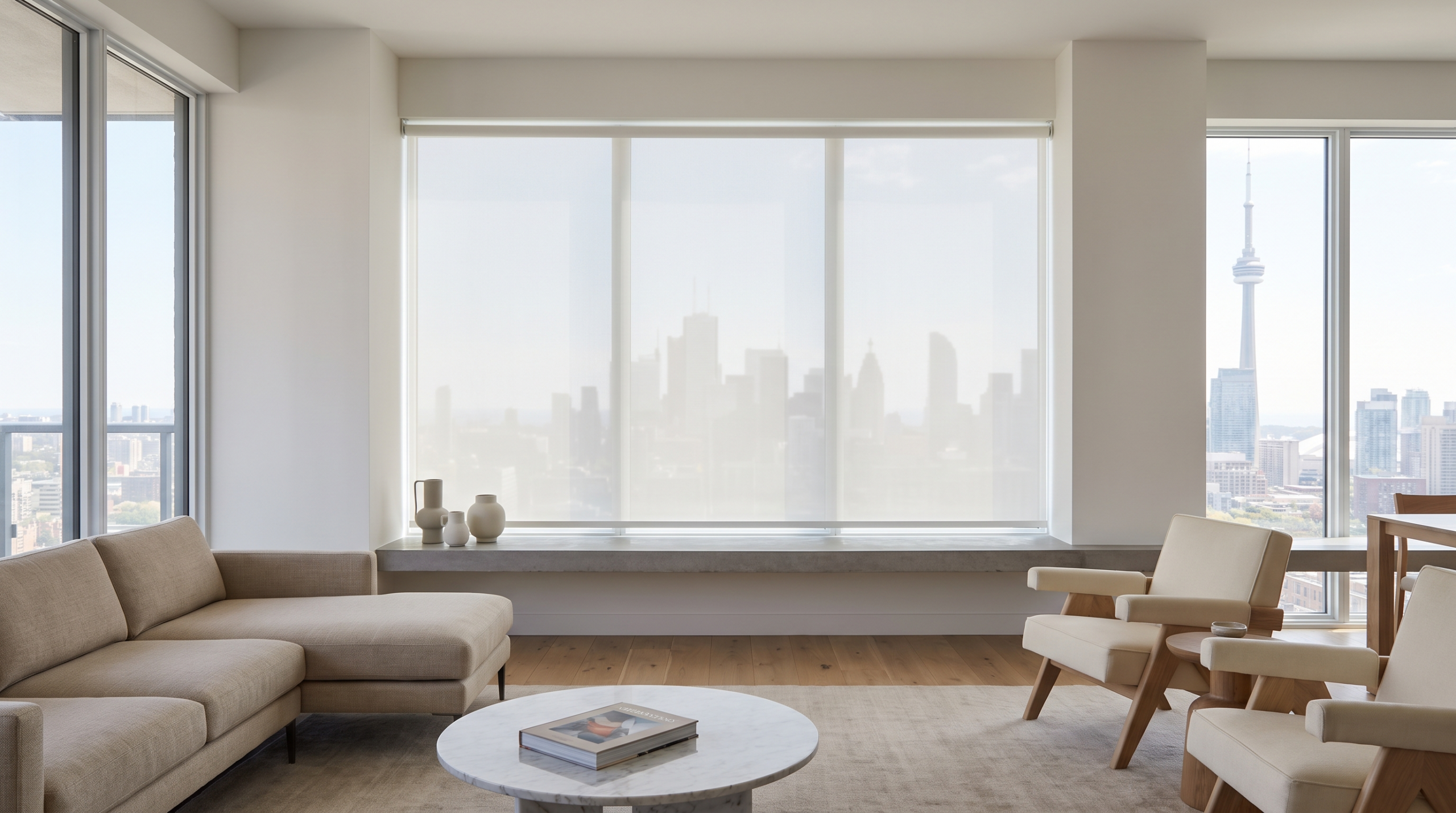 Modern Toronto condo living room with a no-drill white roller shade mounted inside the window frame