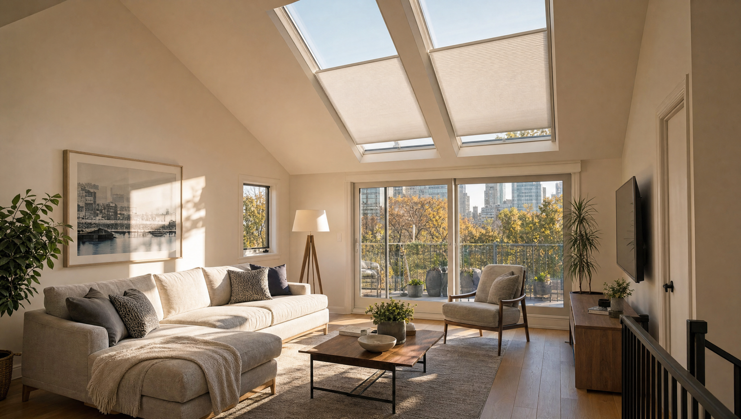 Cellular honeycomb skylight blinds lowered over two roof windows in a bright Toronto living room