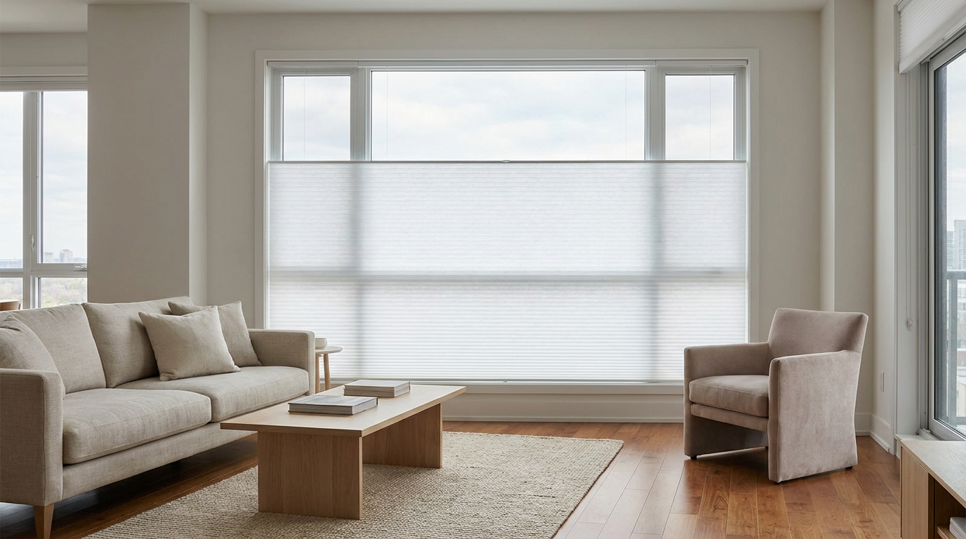 White top down bottom up cellular shade lowered from the top in a modern Toronto living room