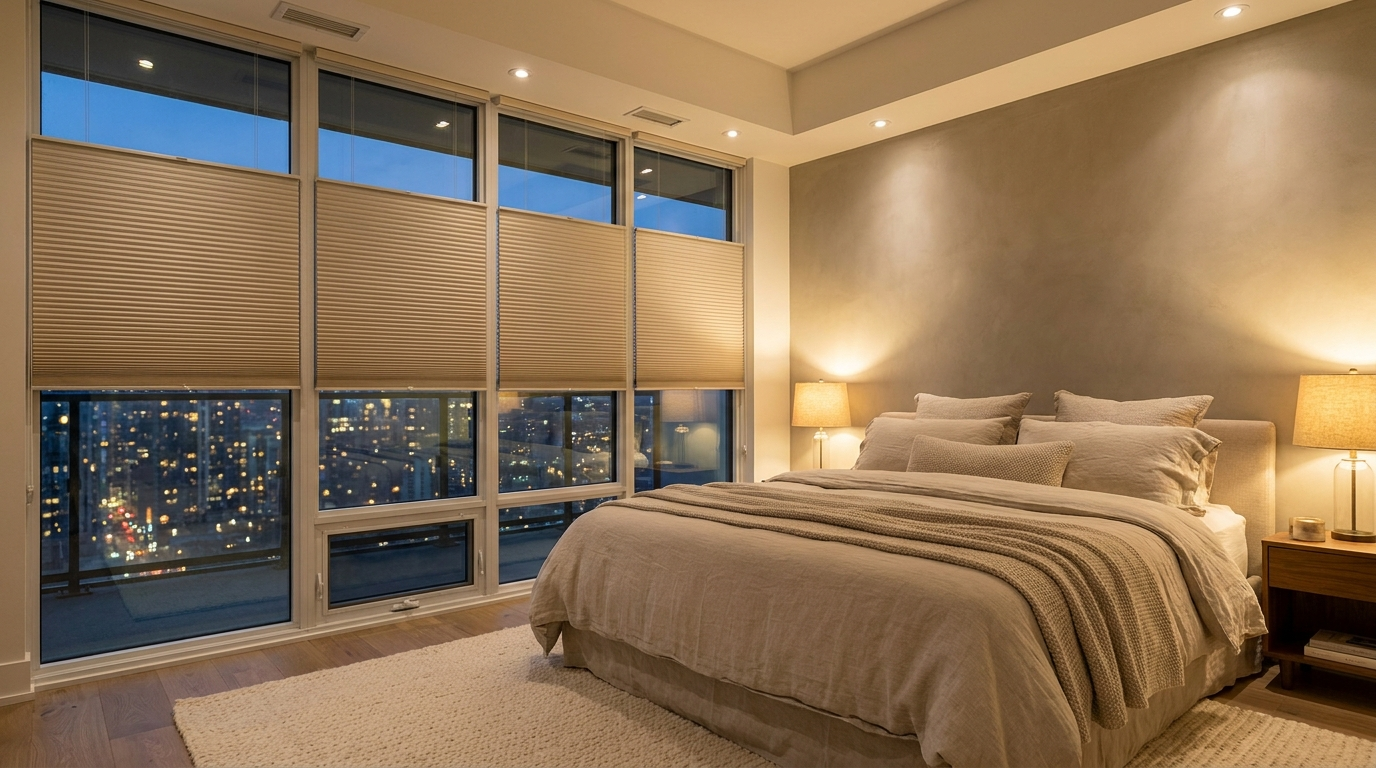 Cordless top-down bottom-up cellular shades in a Toronto condo bedroom