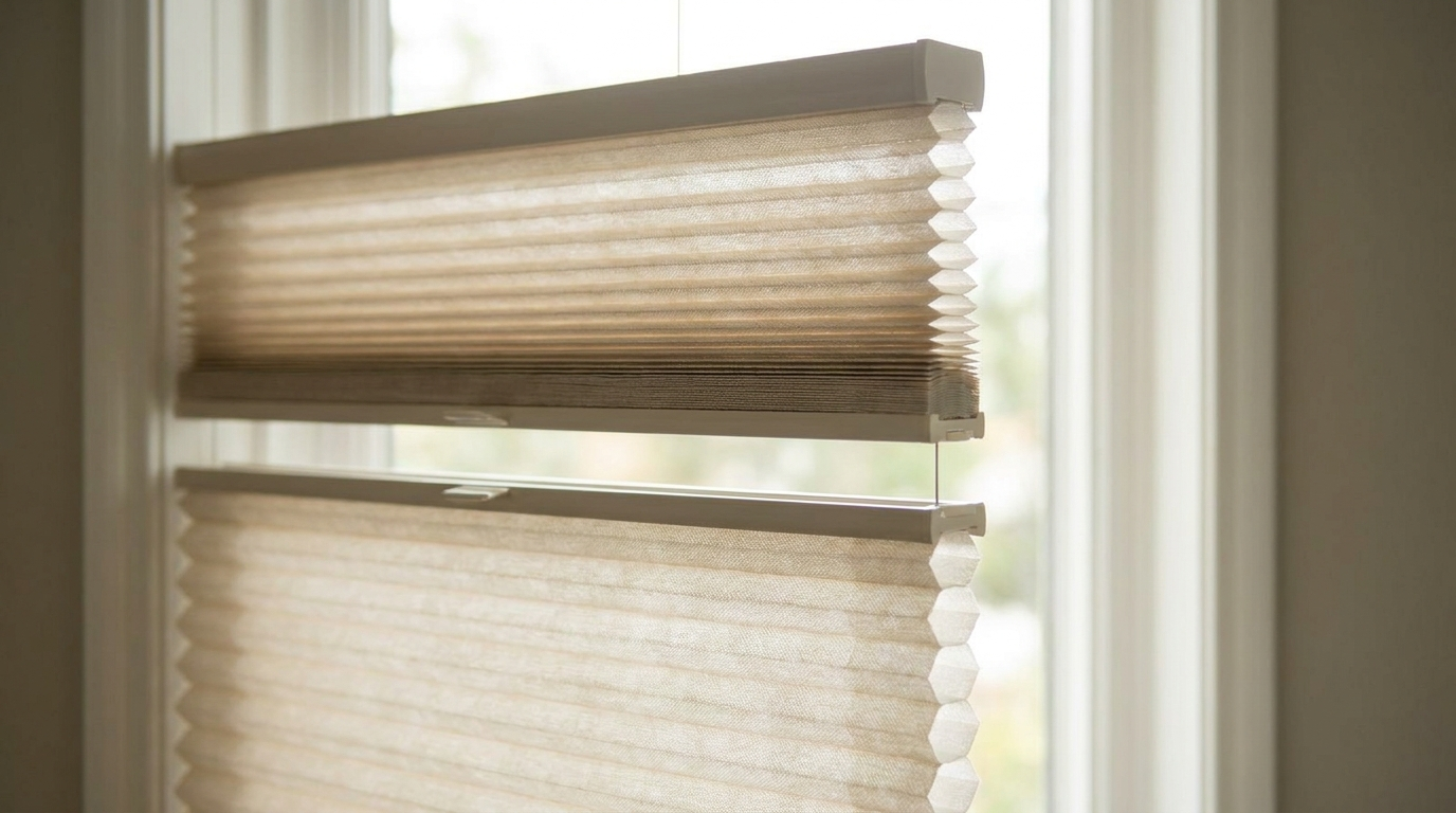Close-up of a cordless top down bottom up honeycomb shade showing the middle rail and two-way operation