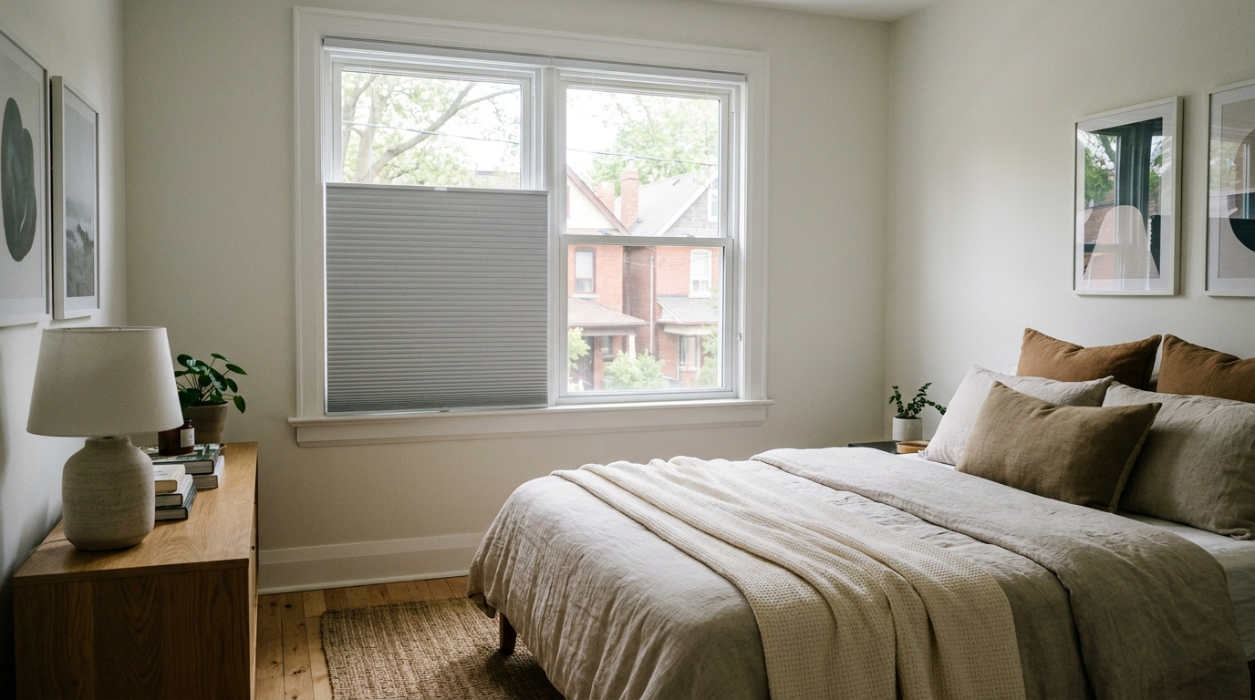 Top down bottom up cellular shade raised from the bottom for privacy in a Toronto bedroom with daylight from the top