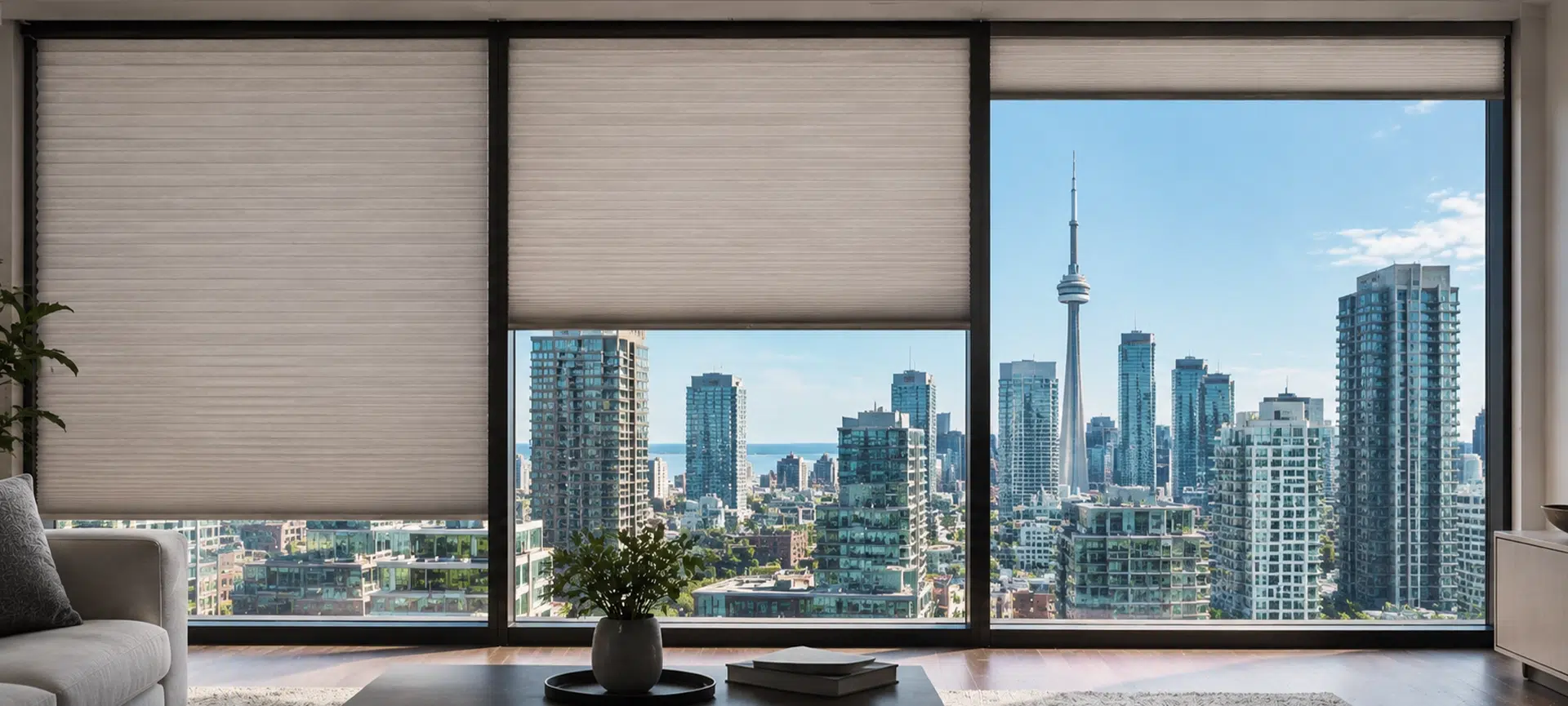 Toronto condo with floor-to-ceiling windows featuring honeycomb cellular shades in multiple open positions.