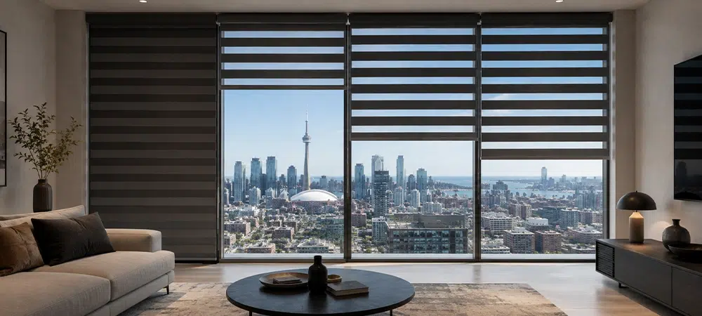 Luxury condo interior with four floor to ceiling window panels fitted with zebra blinds and Toronto skyline view.