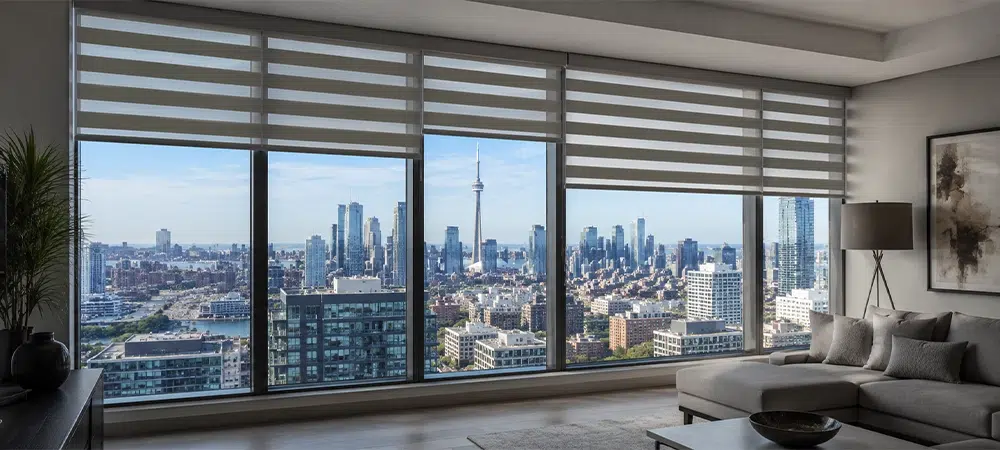 Luxury condo interior with four floor to ceiling window panels fitted with zebra blinds and Toronto skyline view.