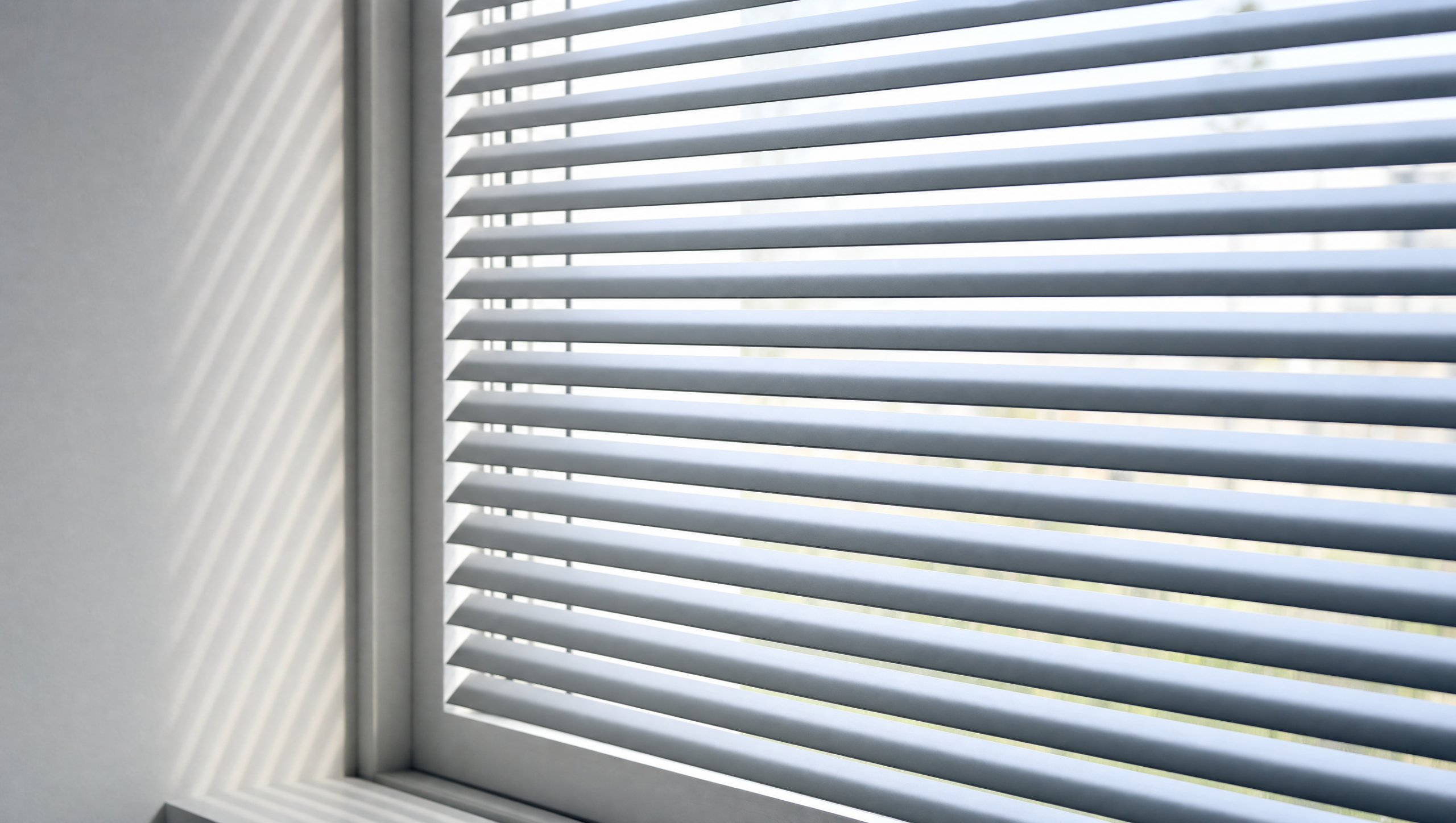 Aluminum Venetian blinds with thin metal slats tilted to filter daylight into soft stripes