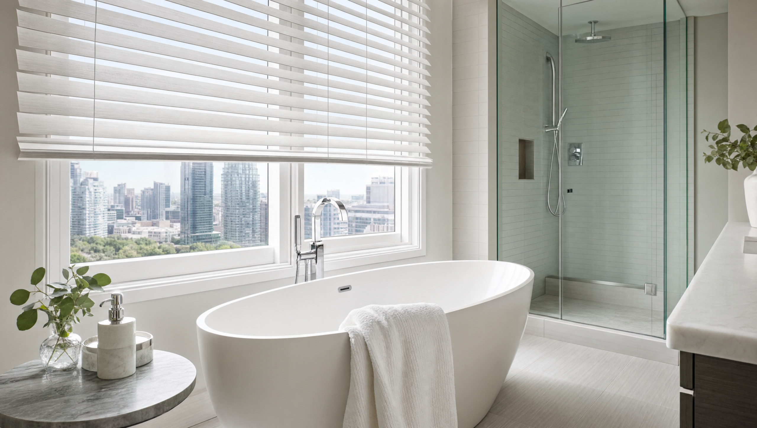 White faux wood blinds on a bathroom window beside a freestanding tub in a modern Toronto home