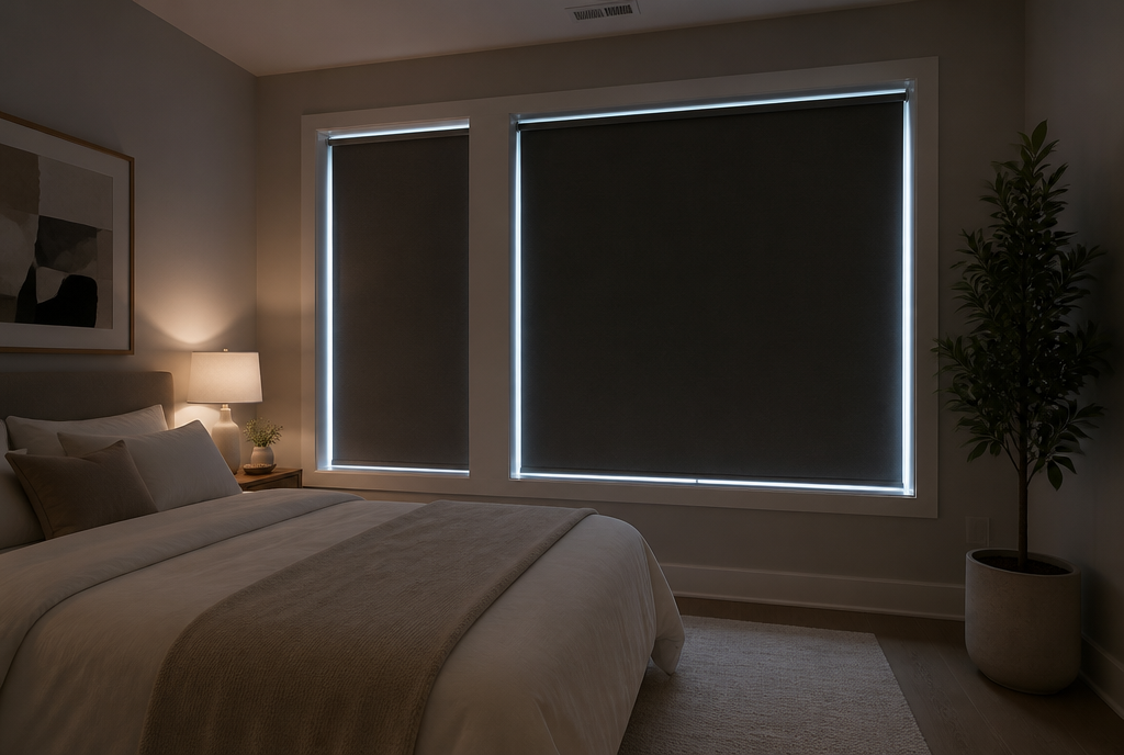 Blackout roller shades fully lowered in a modern Toronto bedroom