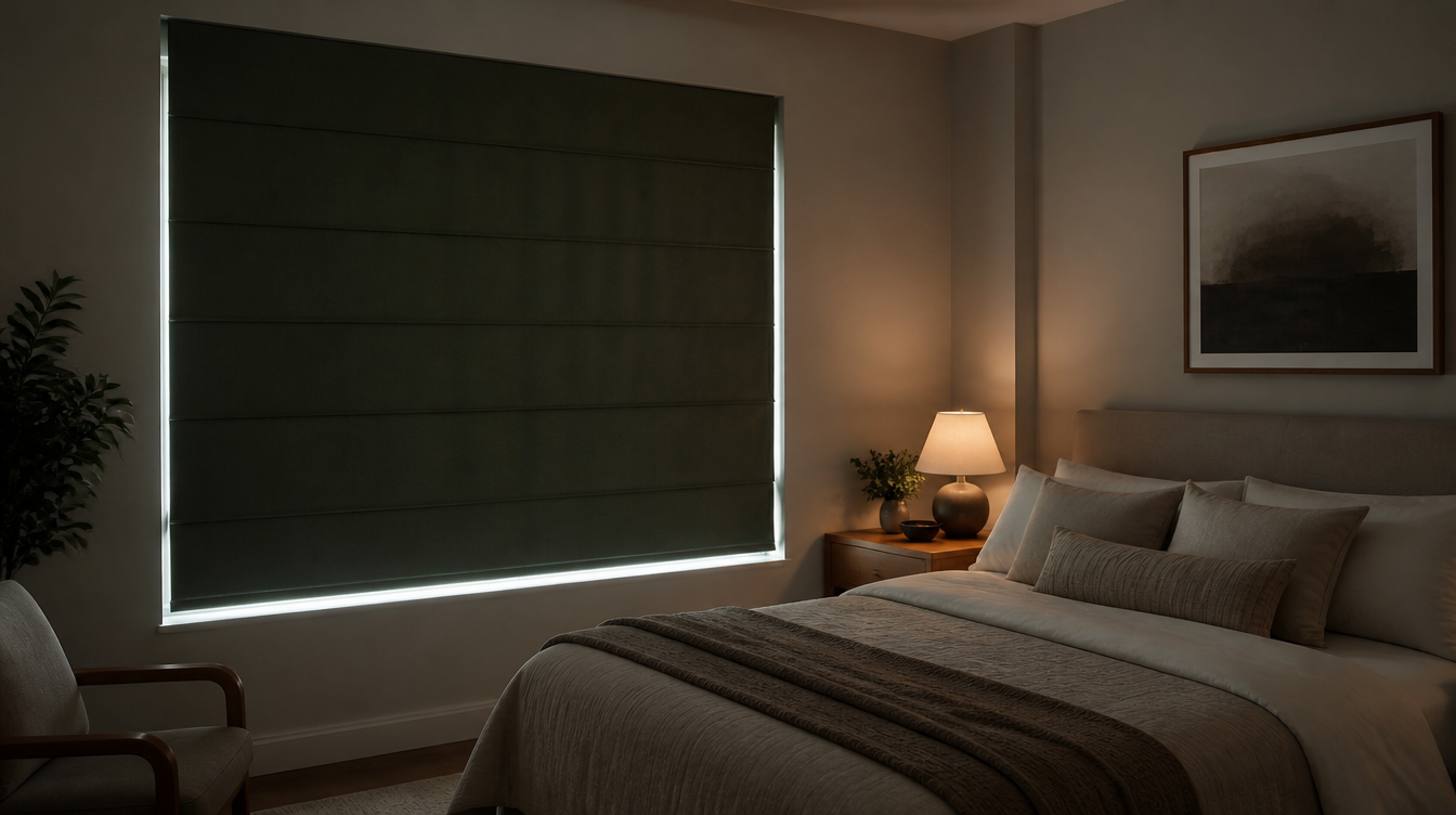A blackout lined Roman shade lowered over a Toronto bedroom window with light at the edges