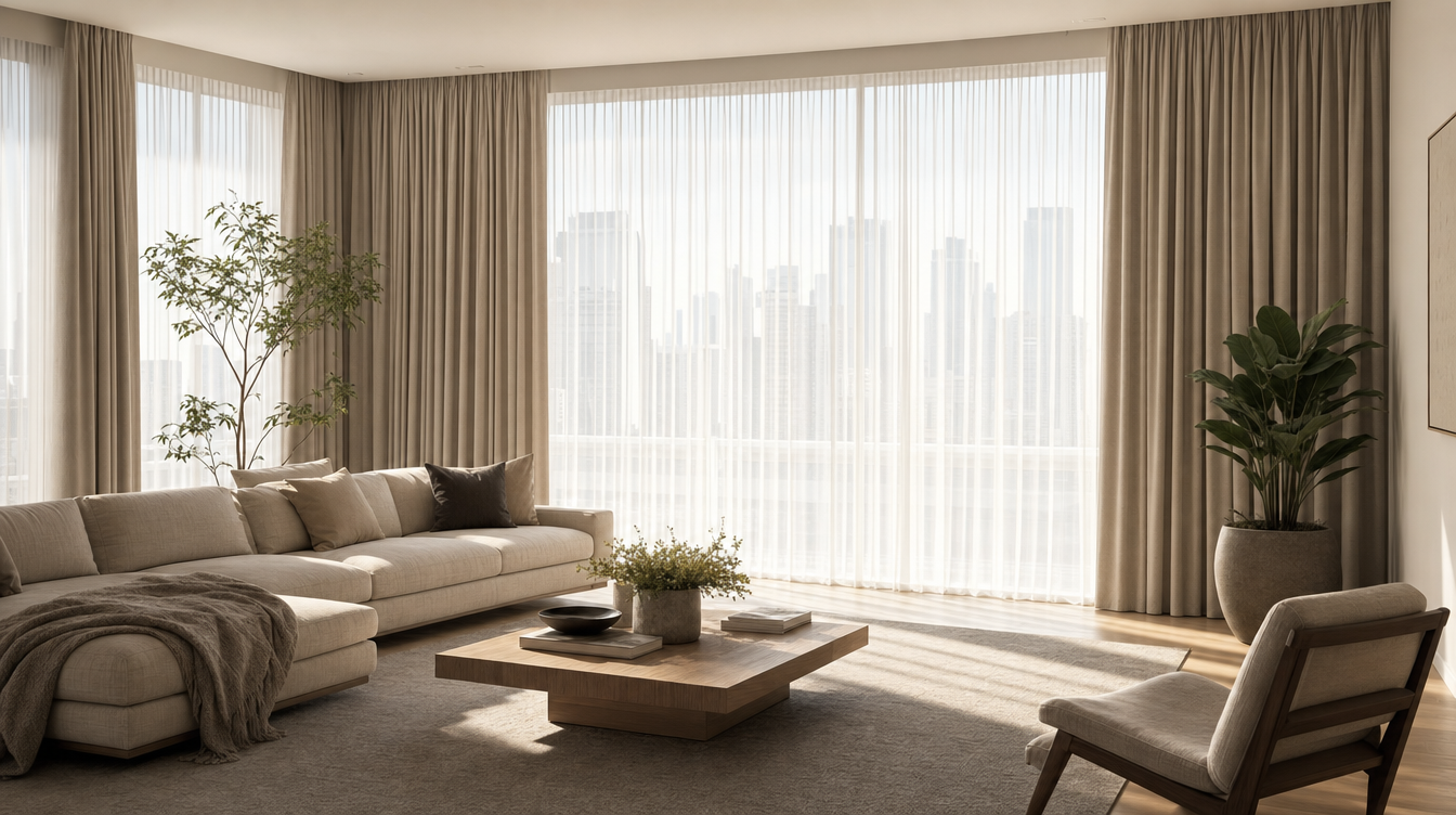 Custom pinch-pleat drapery in warm greige linen layered over white sheer curtains in a bright Toronto living room