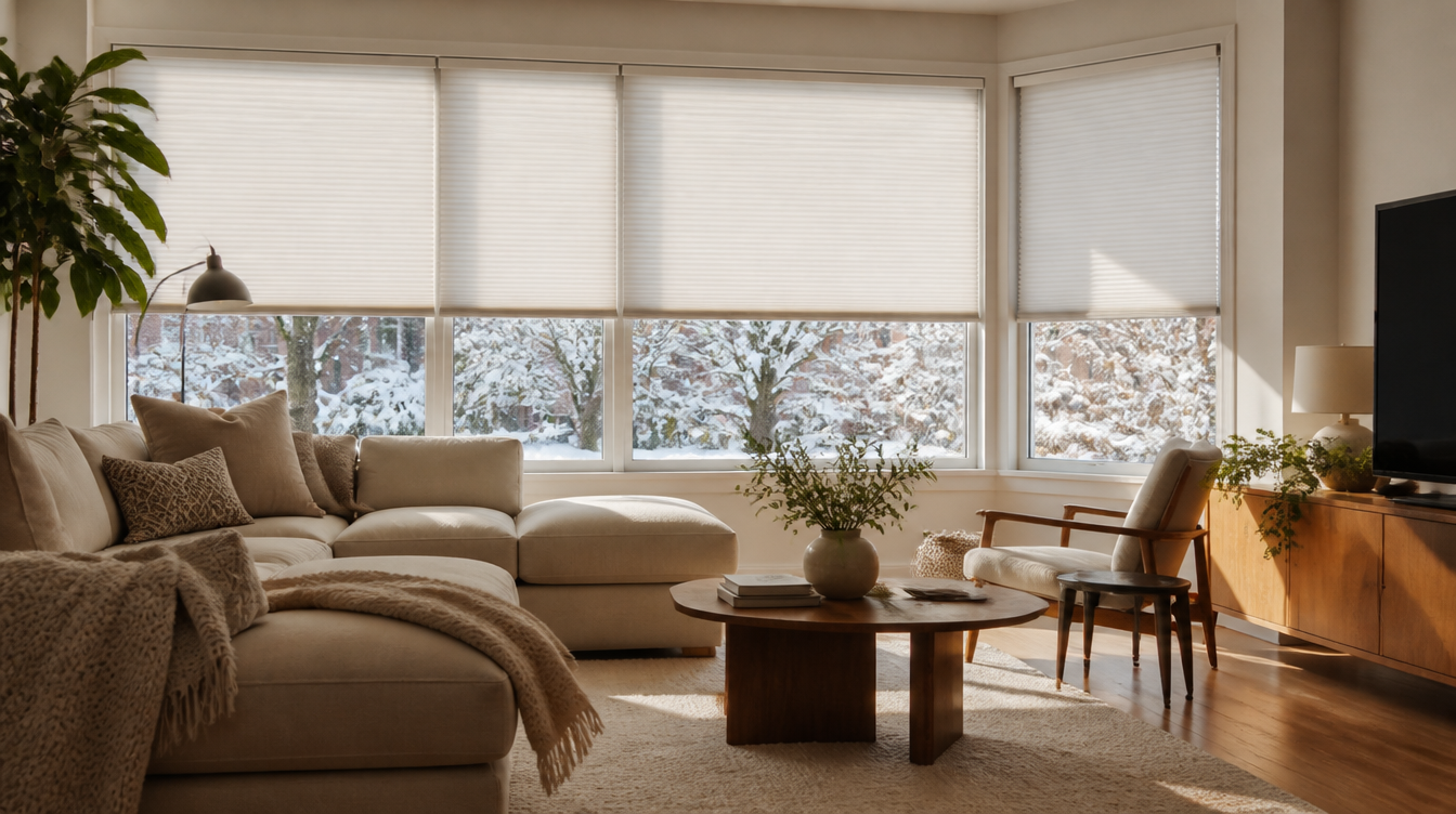 White cellular honeycomb shades on large Toronto living room windows in winter for energy efficiency
