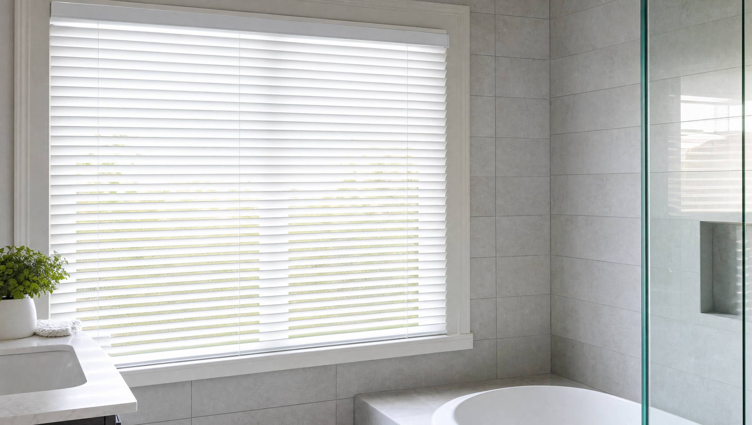 White faux wood Venetian blinds on a bright modern bathroom window that resist moisture