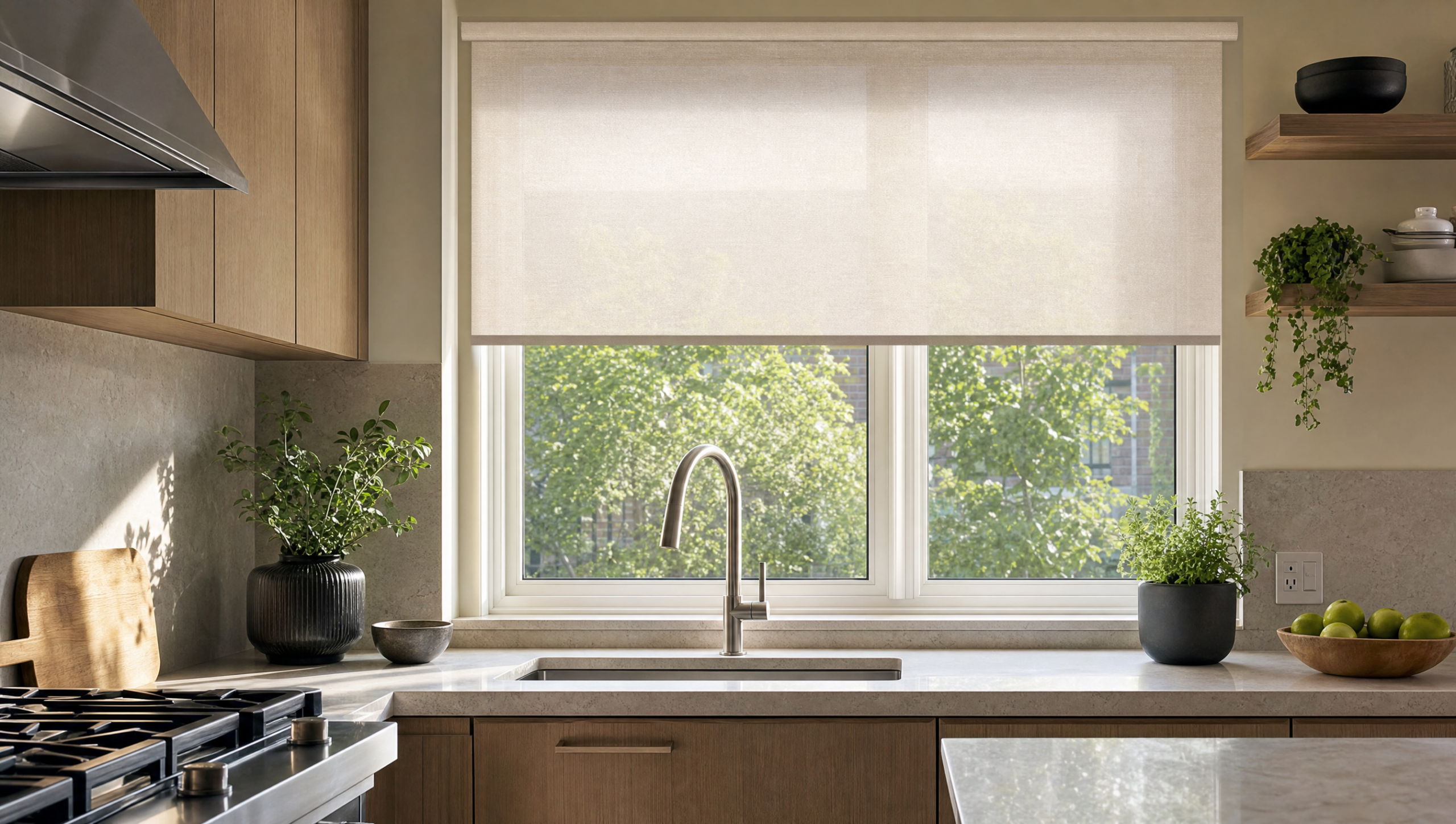 Light solar roller shade over a kitchen sink window filtering afternoon sun in a Toronto kitchen