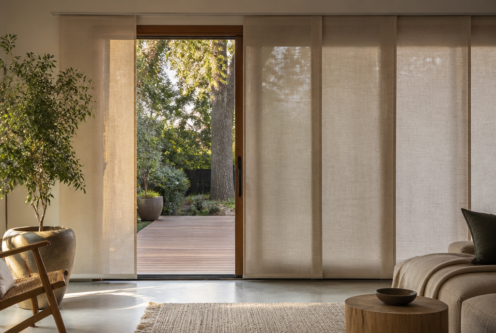 Warm light-filtering linen panel track blinds across a wide sliding patio door with one panel slid aside to a deck