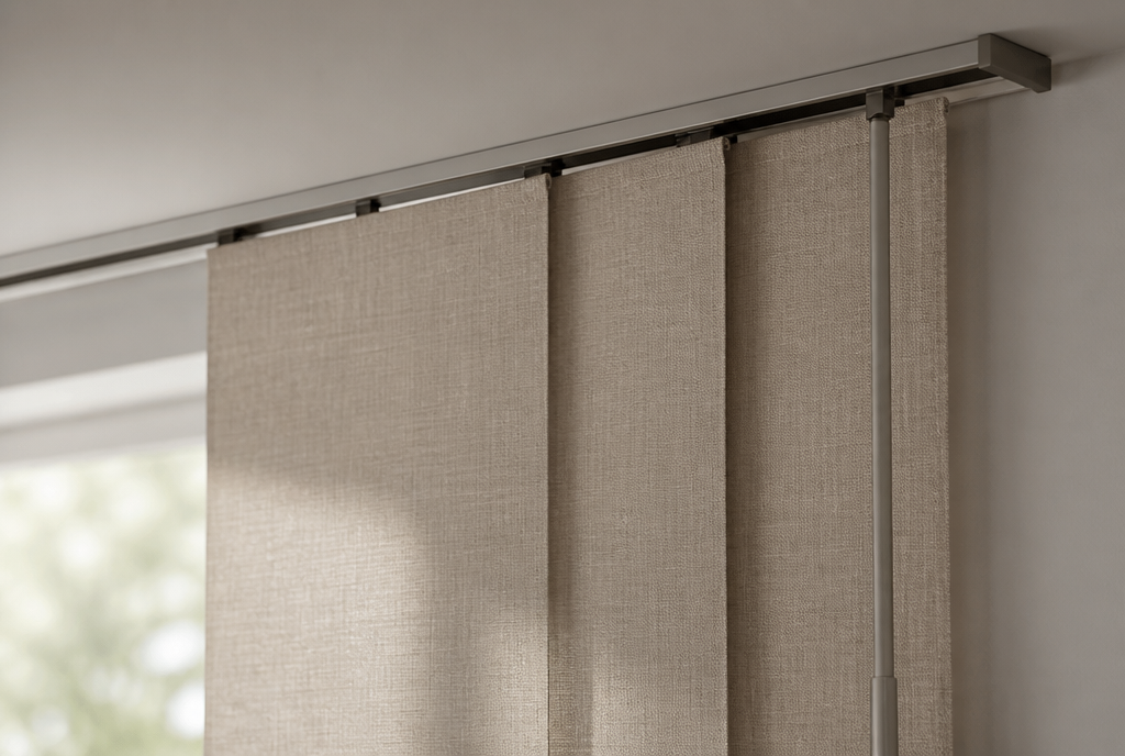 Close-up of wide greige fabric panel track blinds overlapping as they stack on a slim ceiling track with a control wand