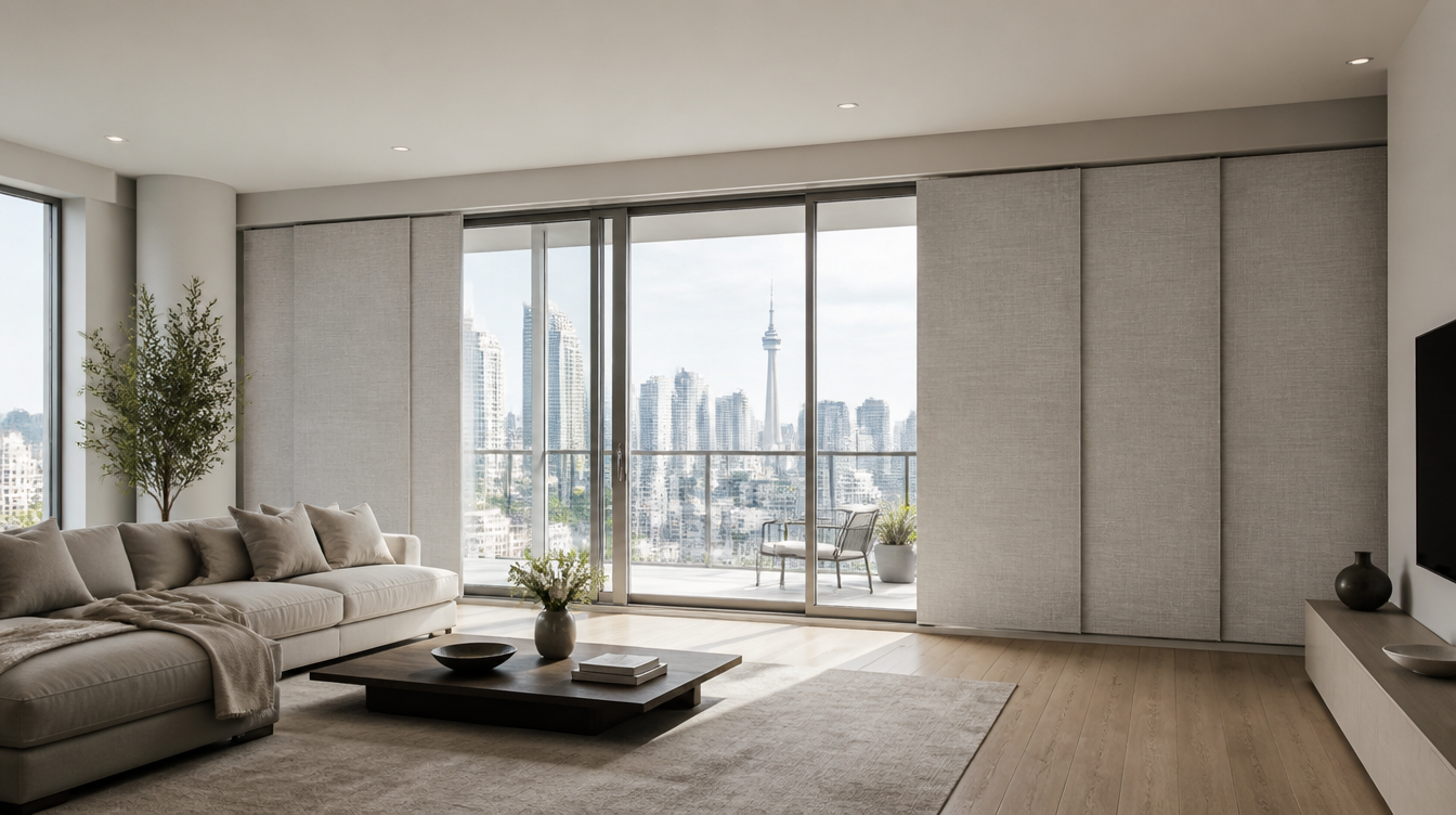 Light grey fabric panel track blinds covering a wide glass wall in a modern Toronto condo living room