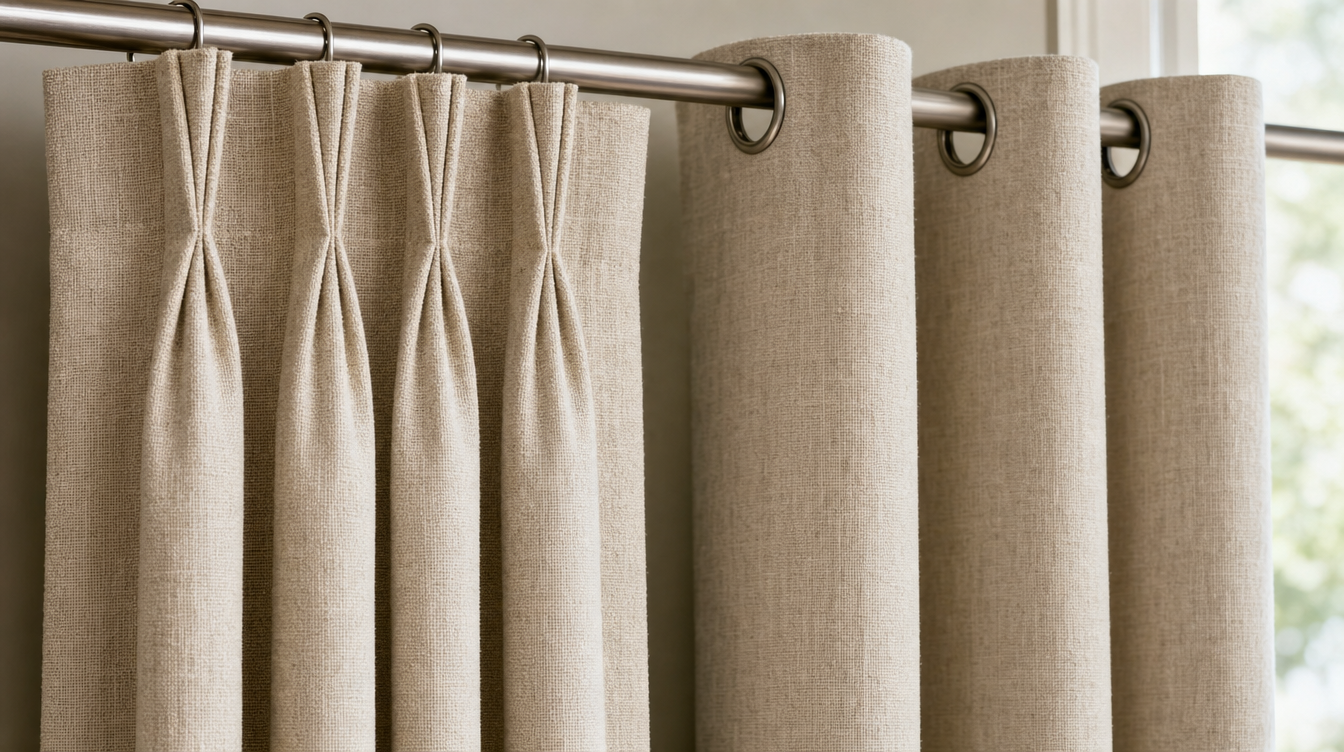 Close-up of pinch pleat and grommet curtain heading styles in natural linen on a brushed-nickel drapery rod