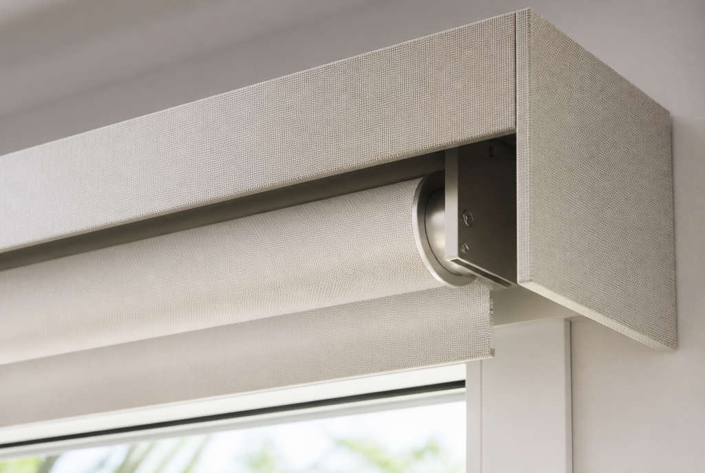Roller shade fabric rolling into a square cassette headrail above a window