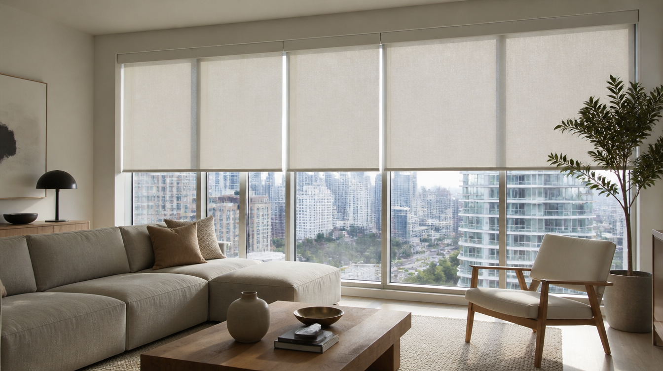 Light filtering roller shades in a modern Toronto condo living room