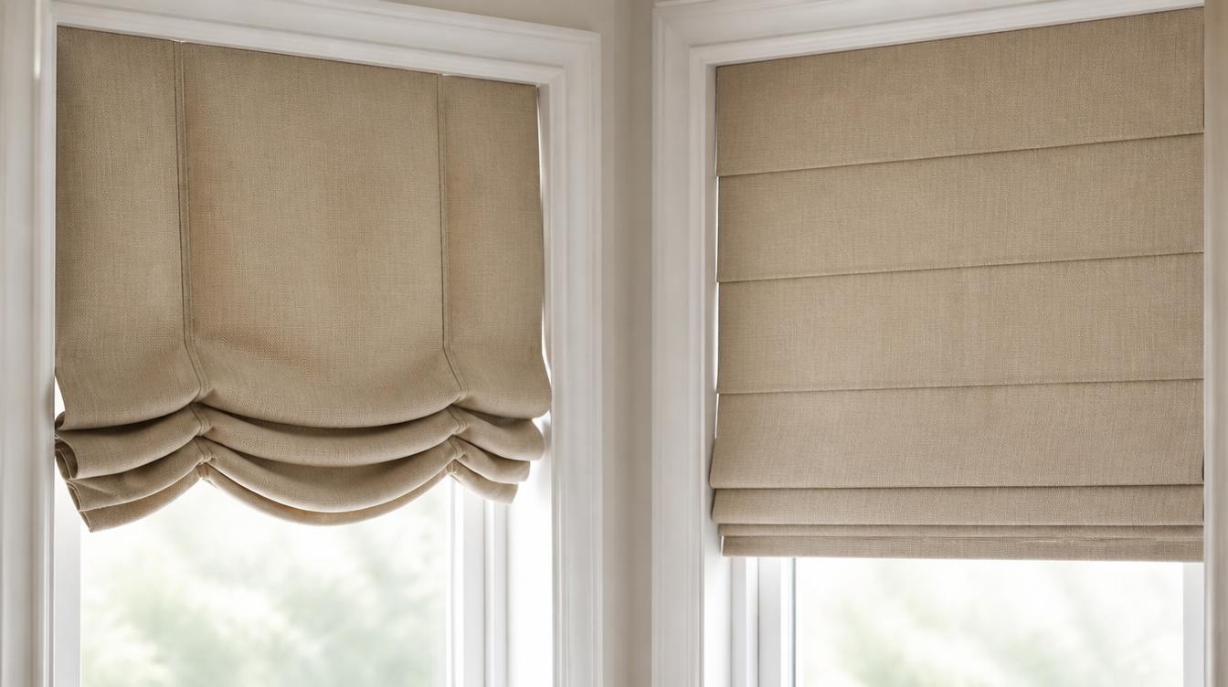 A hobbled teardrop Roman shade beside a flat tailored Roman shade showing the two fold styles