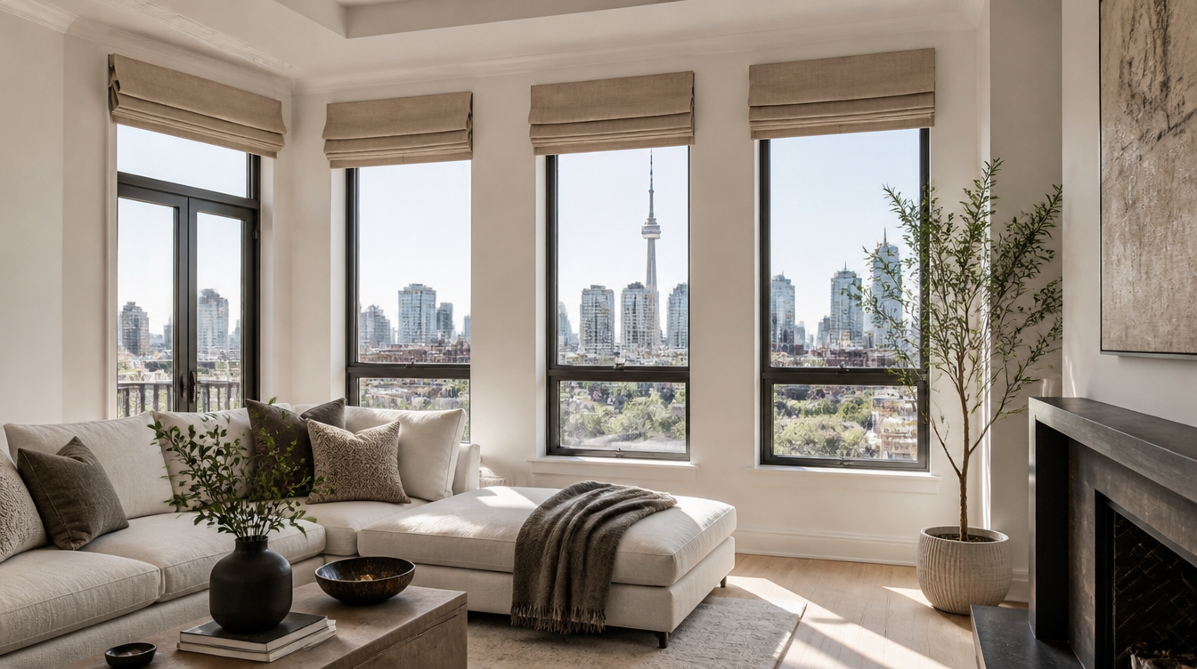 Flat linen Roman shades partially raised in a bright Toronto living room