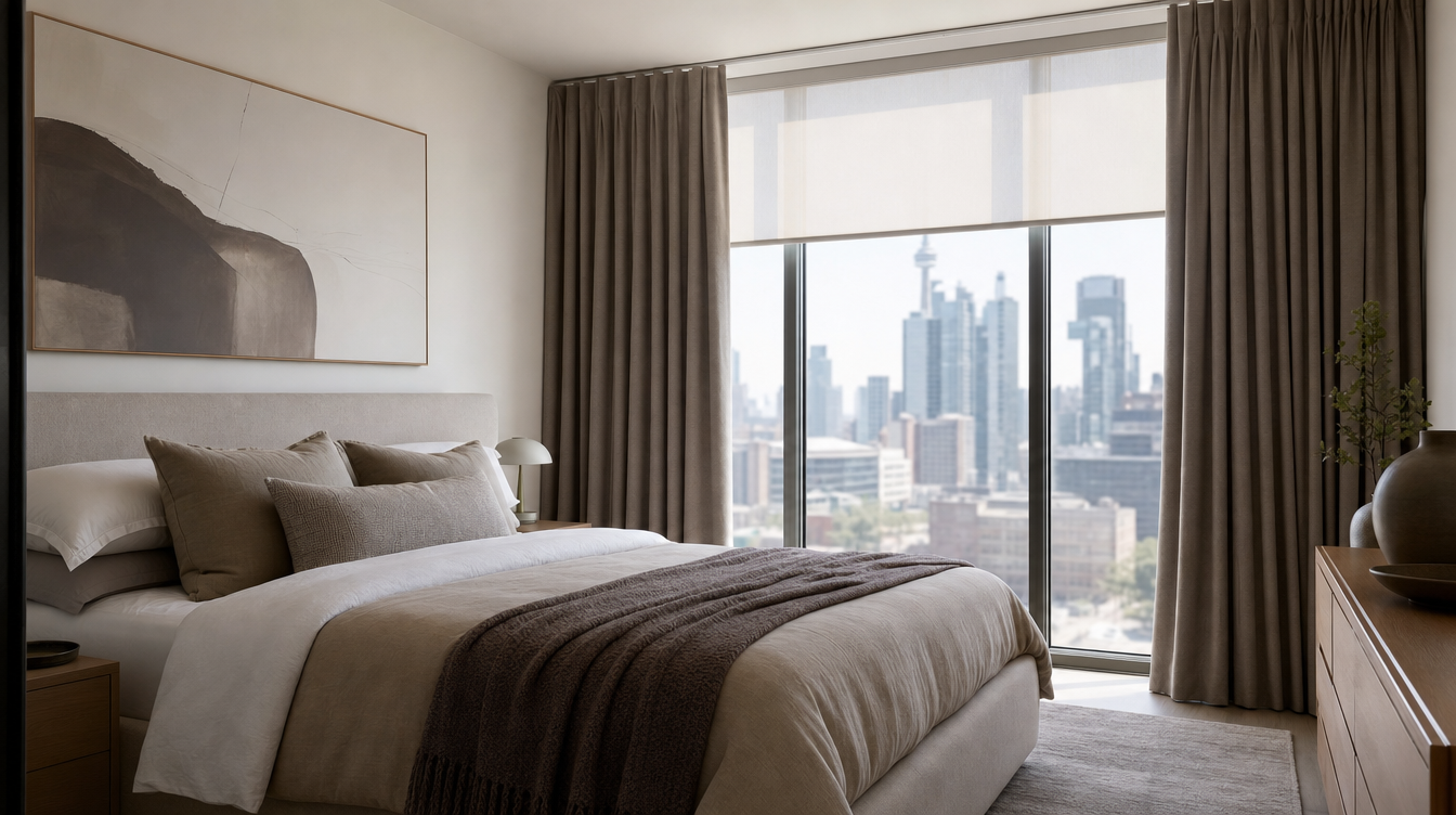 Room-darkening taupe drapery layered over a light-filtering roller shade at floor-to-ceiling glass in a Toronto condo bedroom
