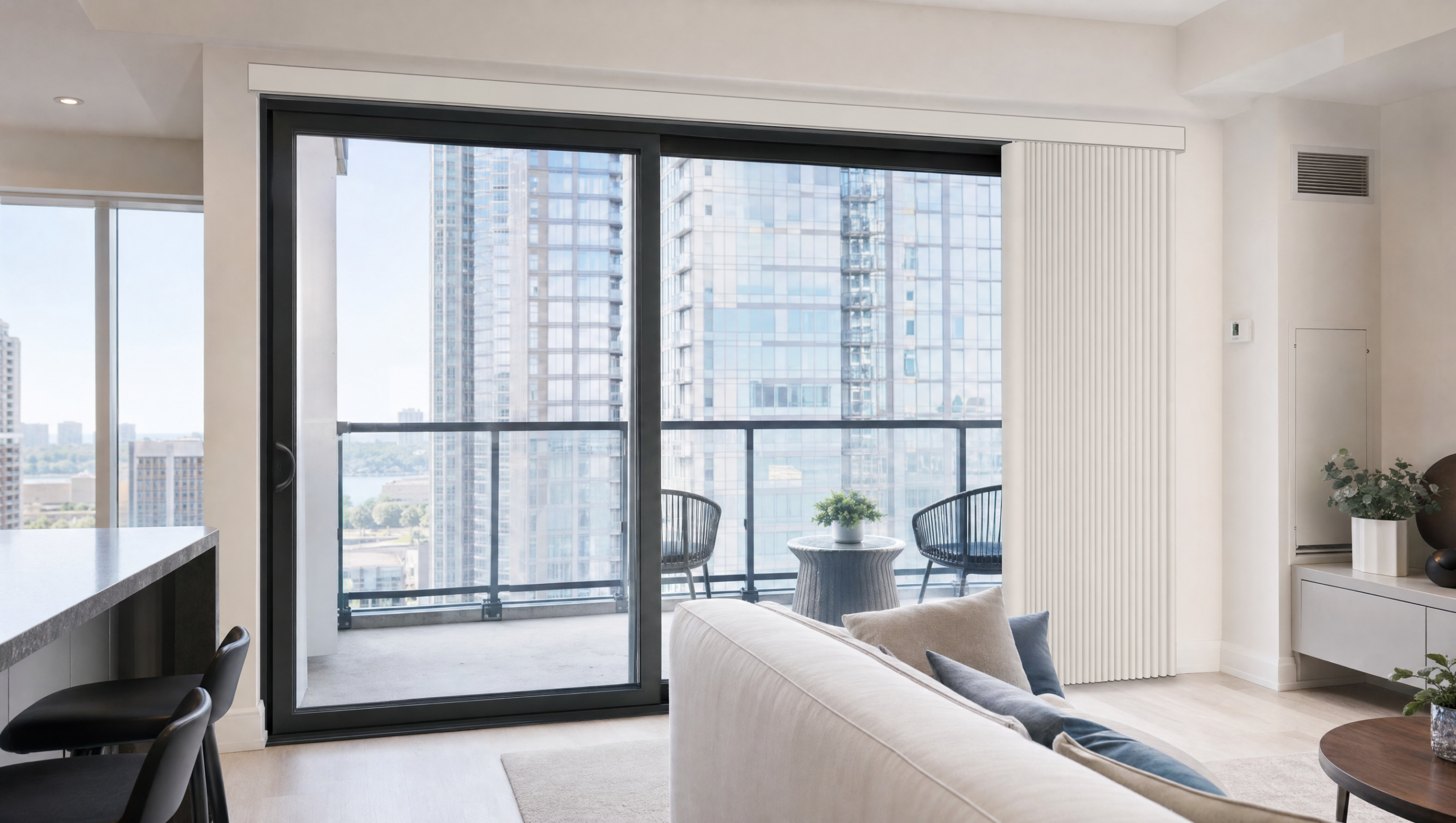 White S-curve vinyl vertical blinds stacked to one side of a wide condo sliding glass door