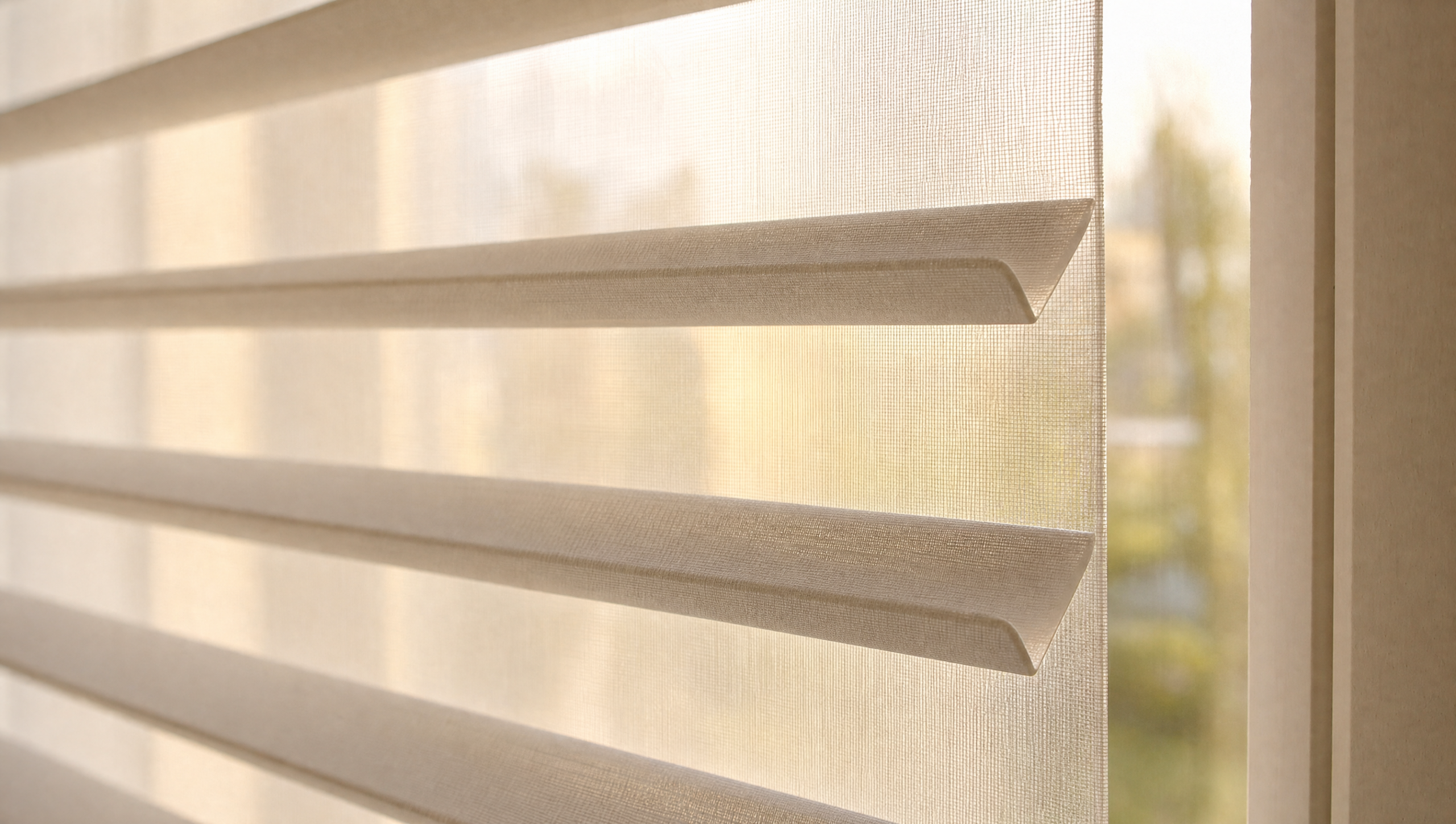 Close-up of a sheer horizontal shade showing soft fabric vanes between two sheer layers filtering sunlight