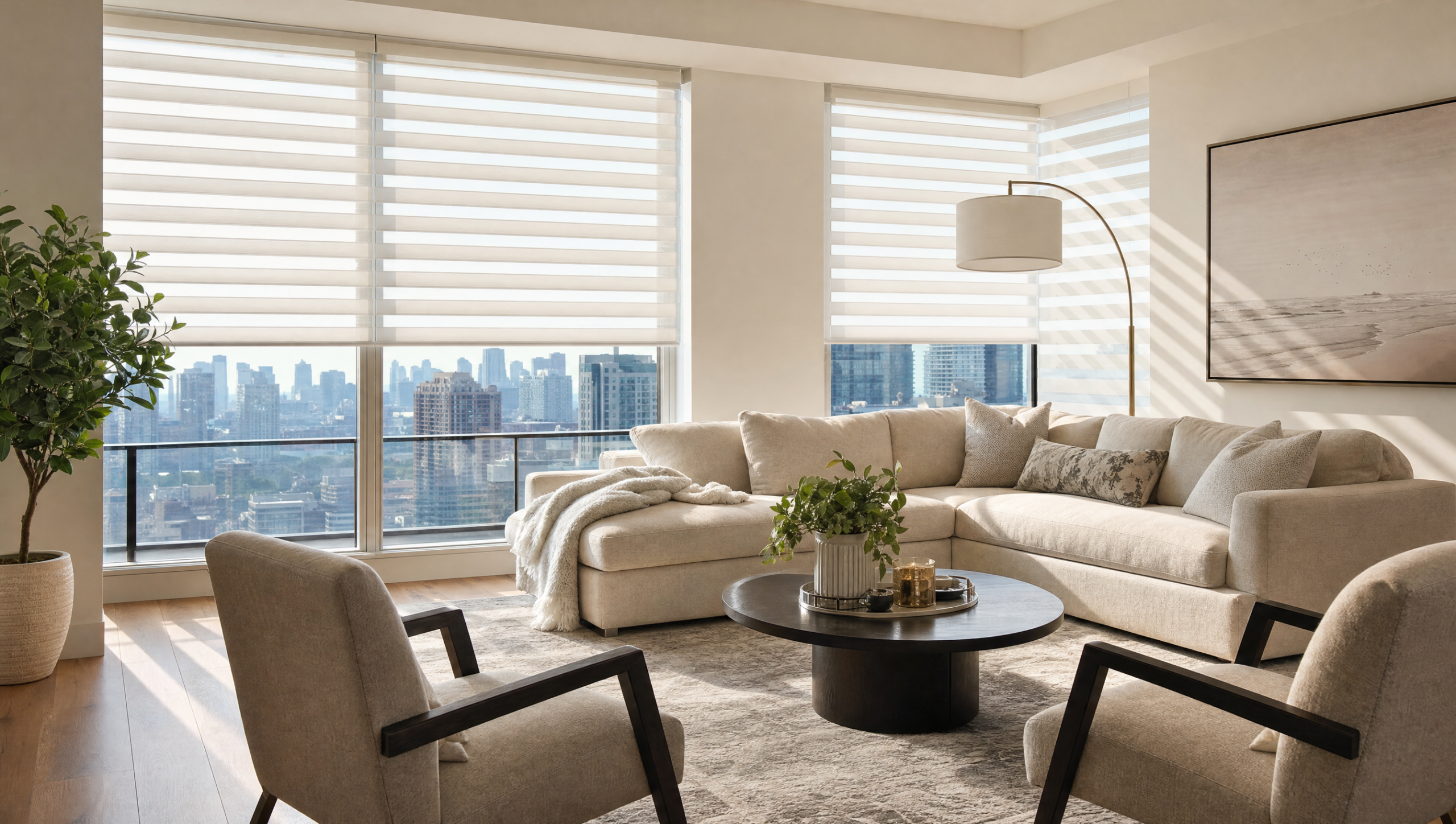 Ivory sheer horizontal shades filtering soft daylight in a bright modern Toronto living room